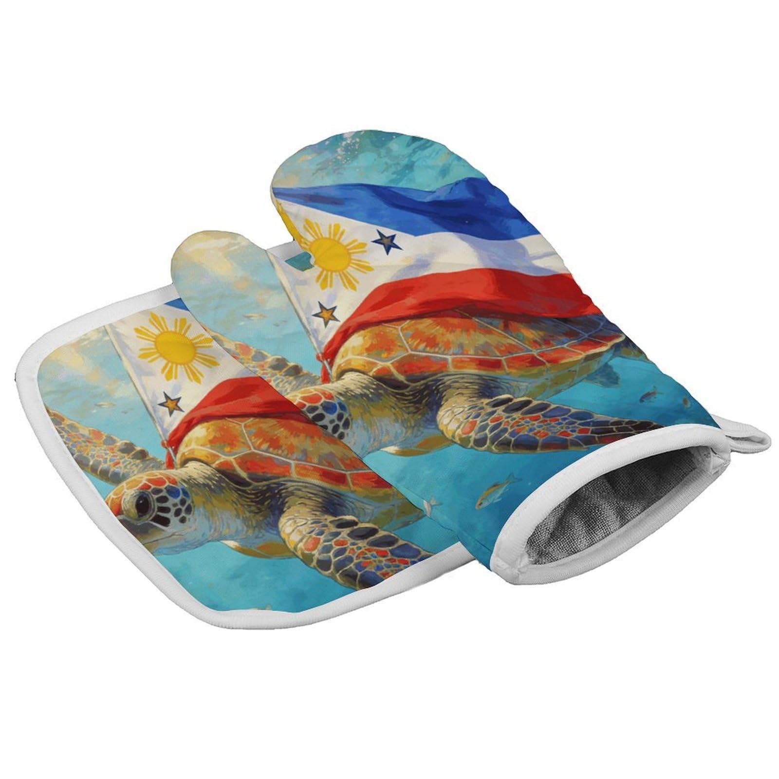 Fodpand Style Colorful Sea Turtle And National Flag Oven Mitt Set With Lanyard, Cooking Mitt, Protective Thermal Insulation,Kitchen Mitt For Baking, Cooking, Grilling, Microwave