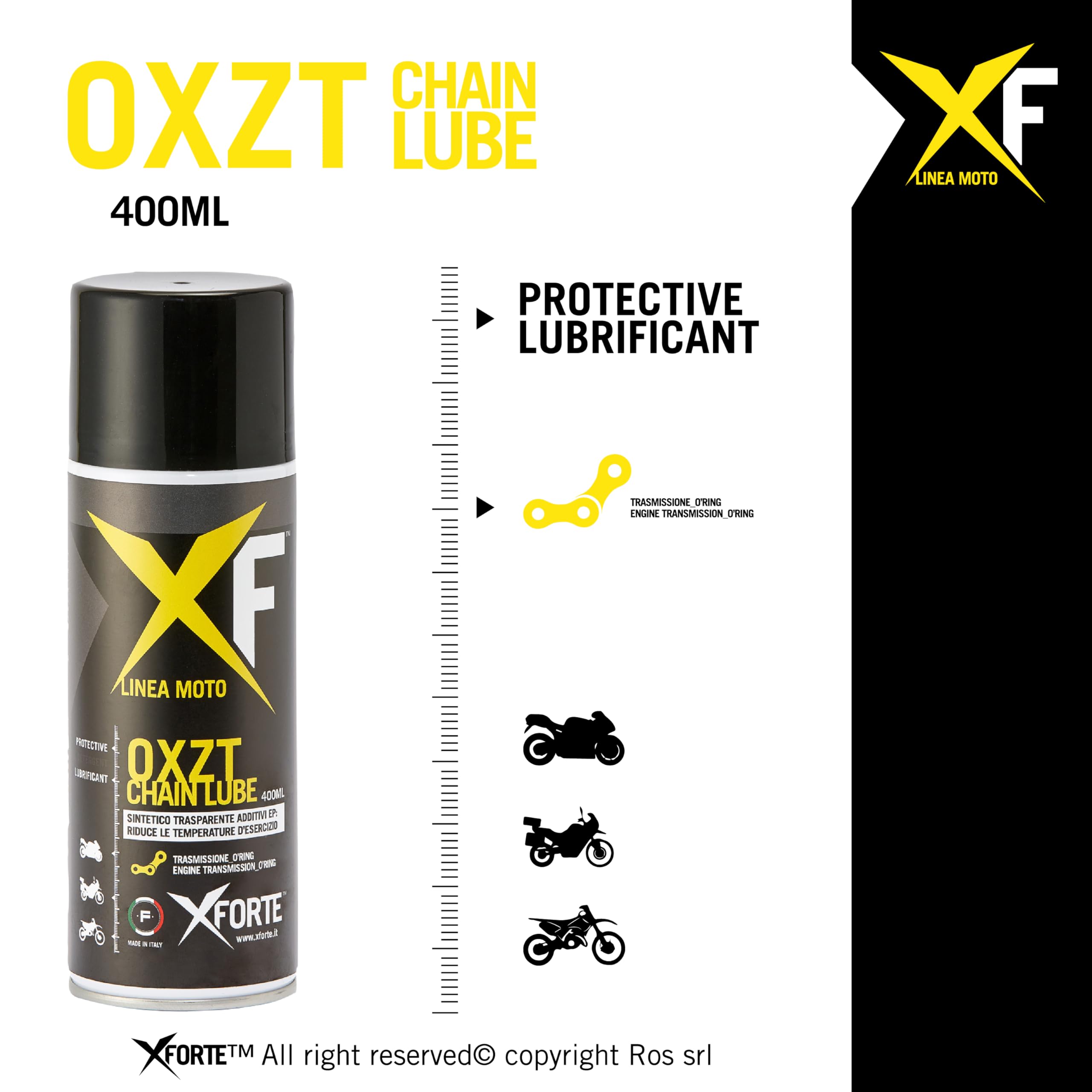 XFORTE OXZT Grasso Catena Moto O-Ring, Lubrificante Sintetico Antigoccia ad Alte Prestazioni, 400 ml - Protezione Resistente per Strada, Pista e Fuoristrada