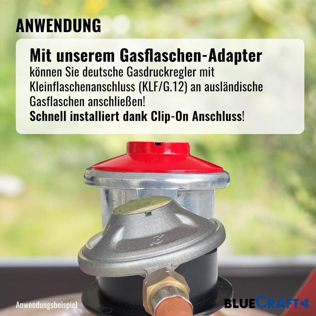 Bluecraft Gasflaschen Adapter für ausländische Gasflaschen in Spanien, Portugal, Norwegen UVM. Clip-On Jumbo 35mm für deutsche Gasregler 30mbar 50mbar