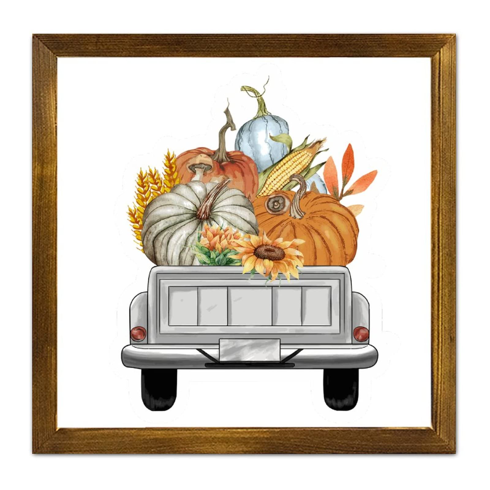 Panneau bois argenté Happy Fall Pumpkin avec cadre premium, décoration murale haut de gamme