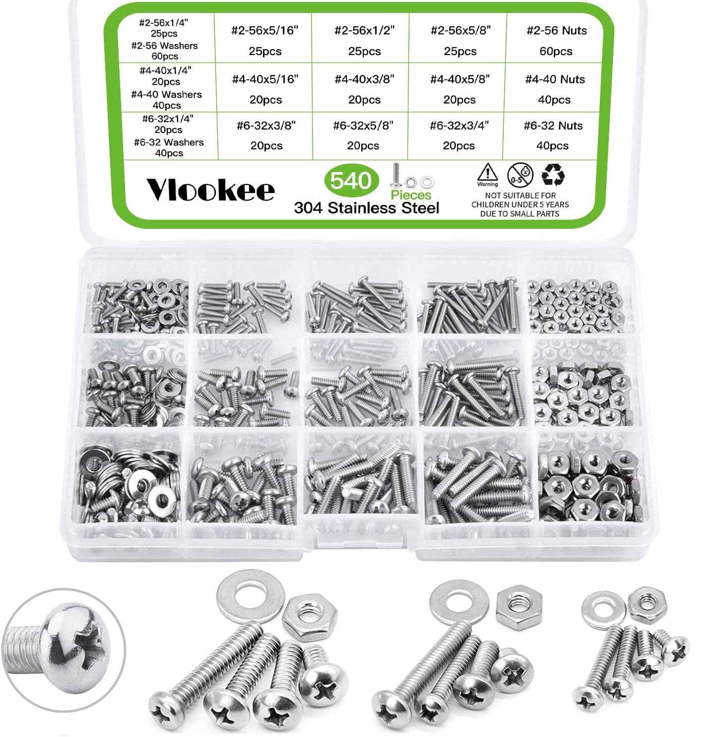 Vlookee 540PCS Machine Screws Assortment Kit 256440632 Phillips Pan Head Assorted Nuts