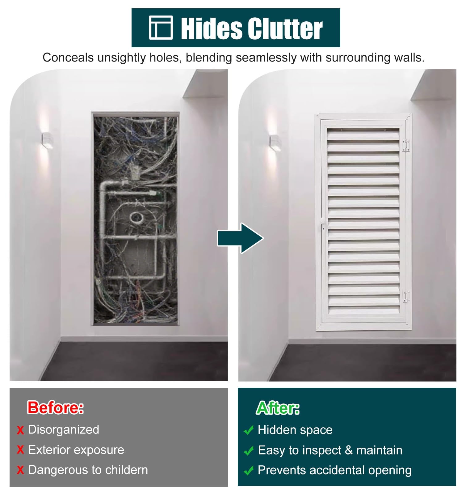 Puerta de acceso con rejillas de ventilación y asa, panel de acceso de cierre magnético, inspección interior/exterior y cubierta de panel eléctrico ventilada