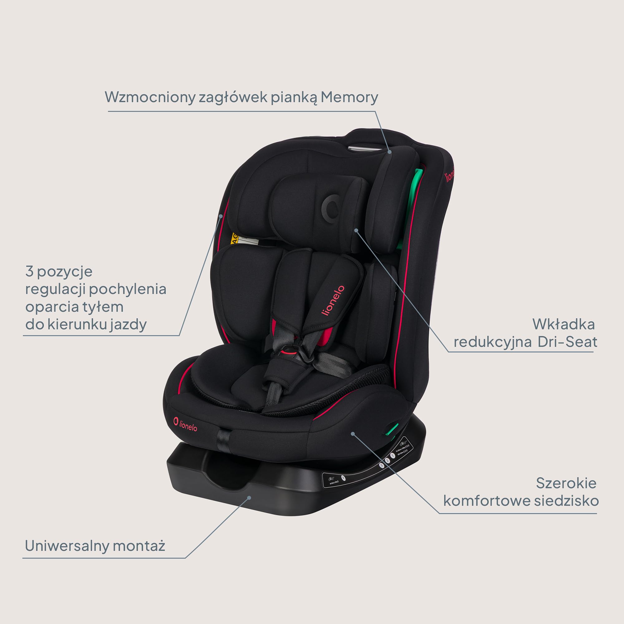 LIONELO Fotelik samochodowy dla niemowląt AART i-Size dla dzieci od urodzenia 40 do 150 cm 0-36 kg skierowany do przodu i do tyłu, uniwersalne dopasowanie, 13 poziomów regulowany zagłówek, leżący