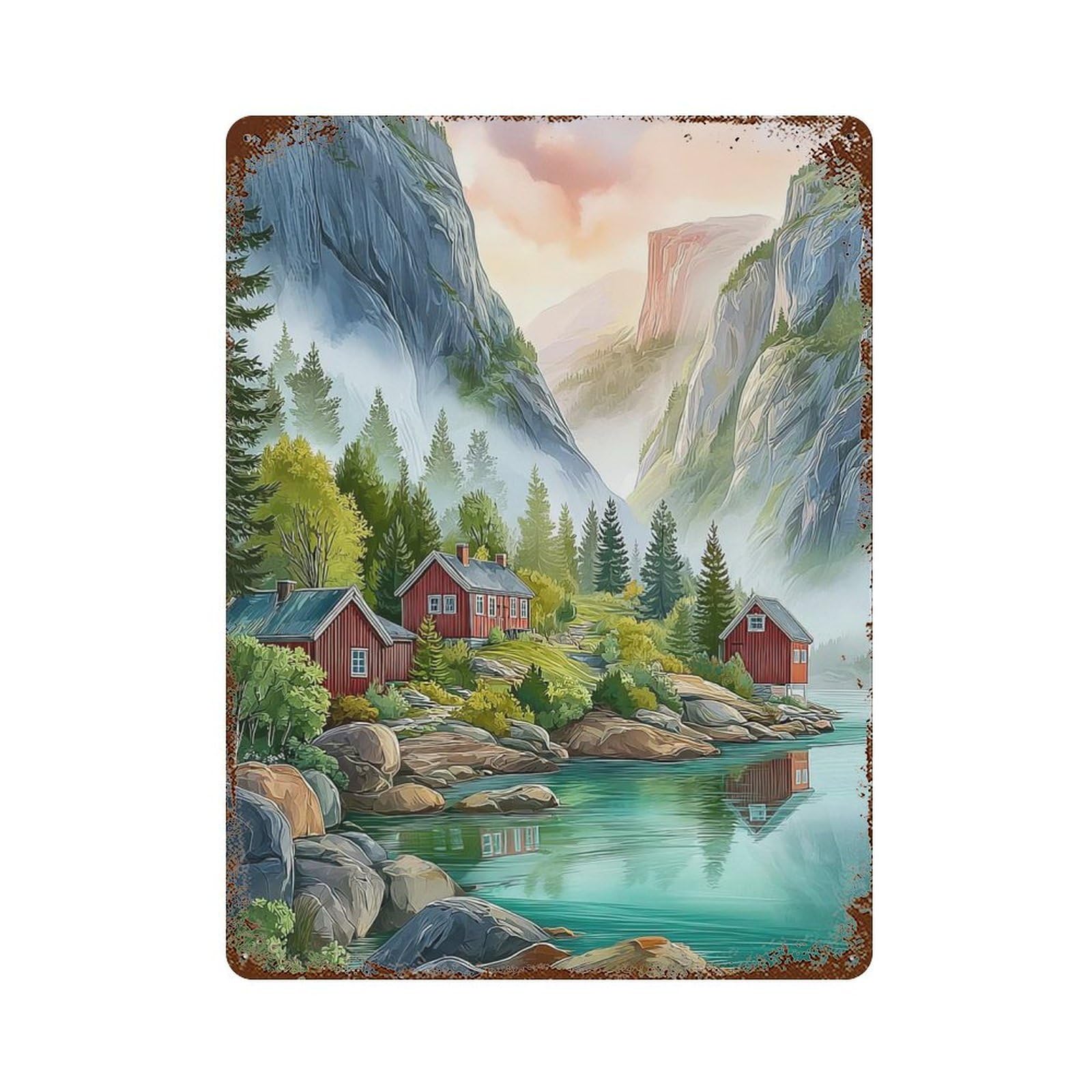 Nordic Fjord with Red Cabins Rustic Tin Plaque 15.7"x11.8", Industrial Home Decor for Pub, Kitchen And Man Cave Decor