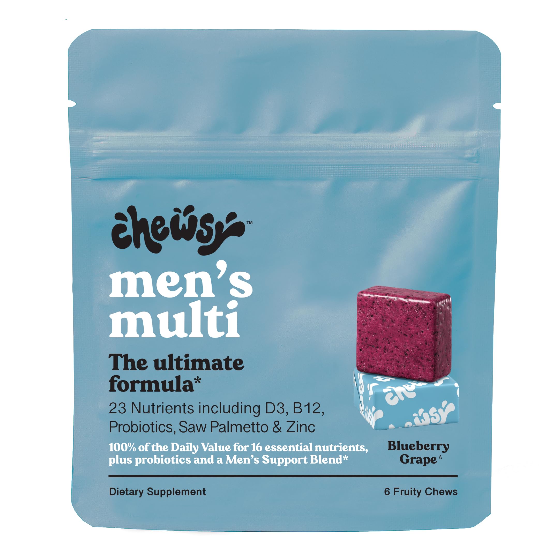 CHEWSY Multivitamínico Masculino Mastigável com Vitaminas A, B12, C, D3 e E, Probióticos, Saw Palmetto e Zinco — 6 unidades