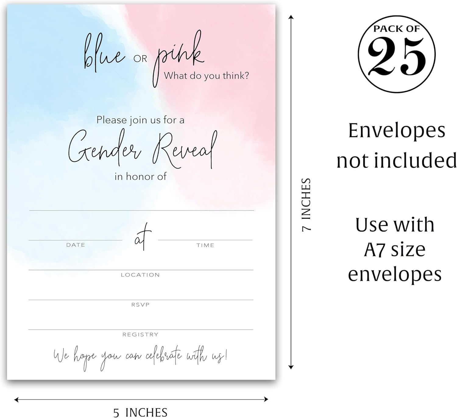 I752-INV1 性別発表 ベビーシャワーパーティー招待状 25枚パック ミニマリスト水彩ブルーまたはピンク 彼または彼女 エレガ