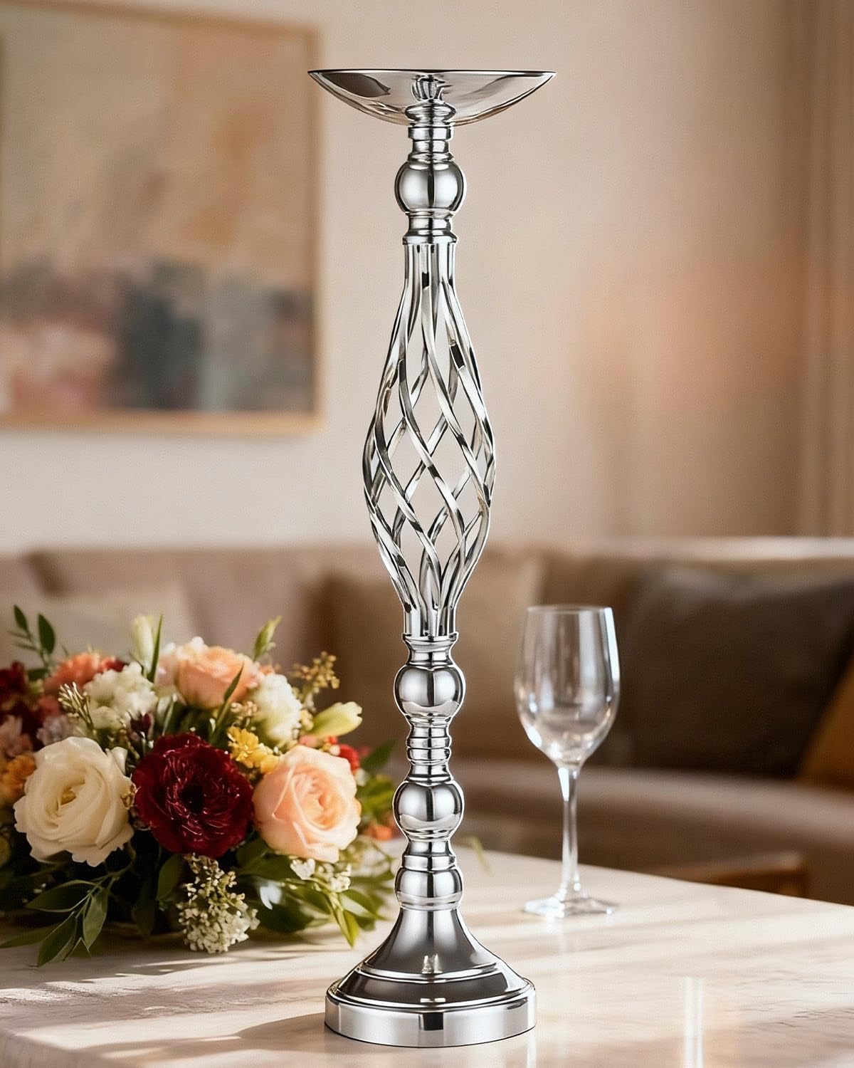 2 Pcs Silver 23in Metal Flower Arrangement Stand for Wedding Home Decor.Vases Centerpieces for Table,Party Reception Birthday Hotel Decor(Large)