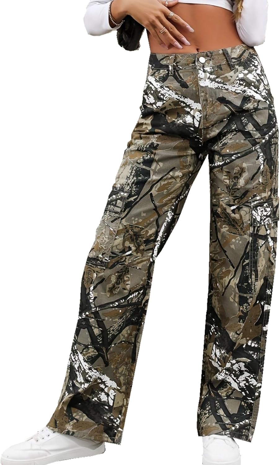 Women Camouflage Cargo Pants Straight Wide Leg Trousers Jeans with Pockets