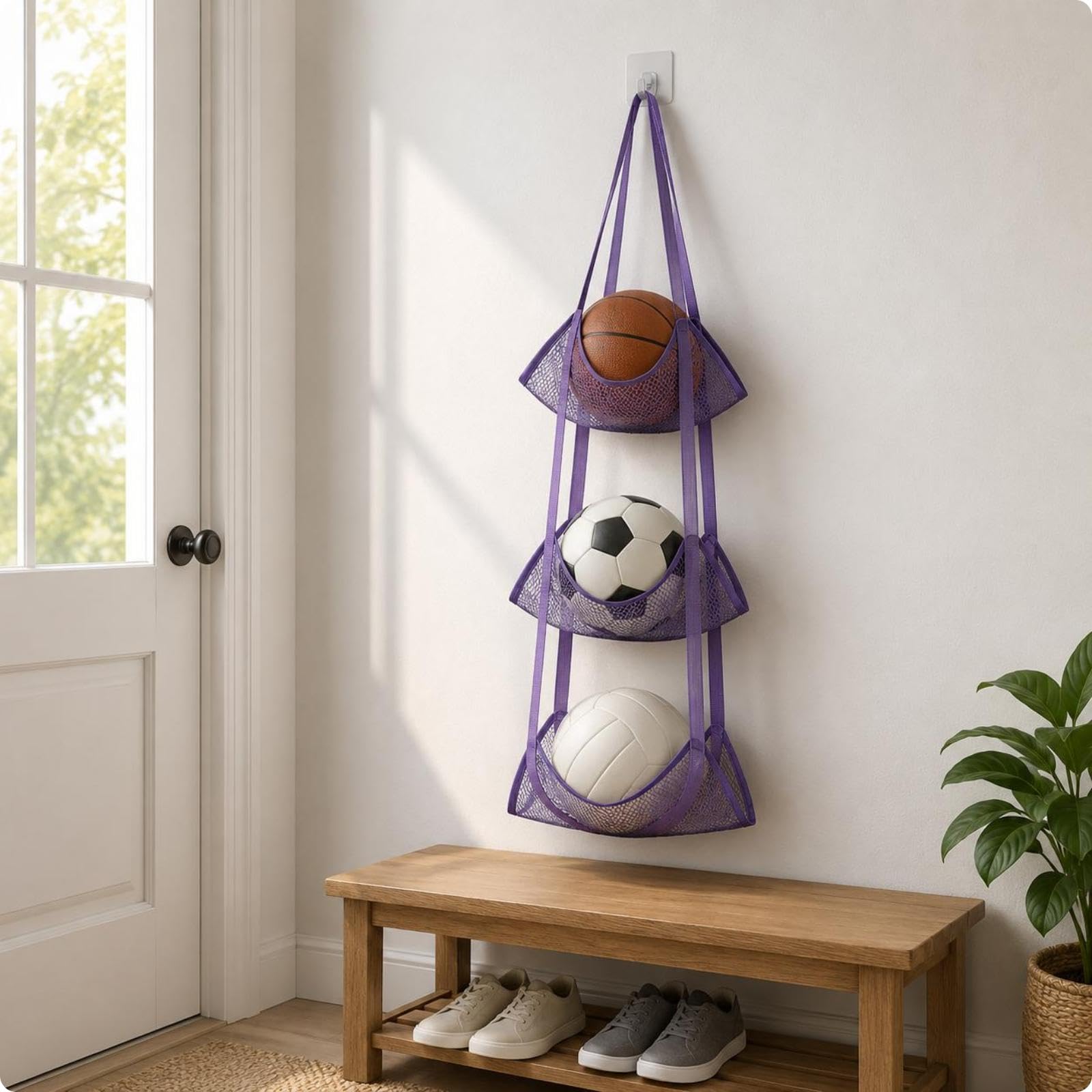 Ball Storage Bag Multiple Pockets Mesh Hanging Bag Strapping Sports Item Organizer for Rear Door Purple 3 Layers-image-36