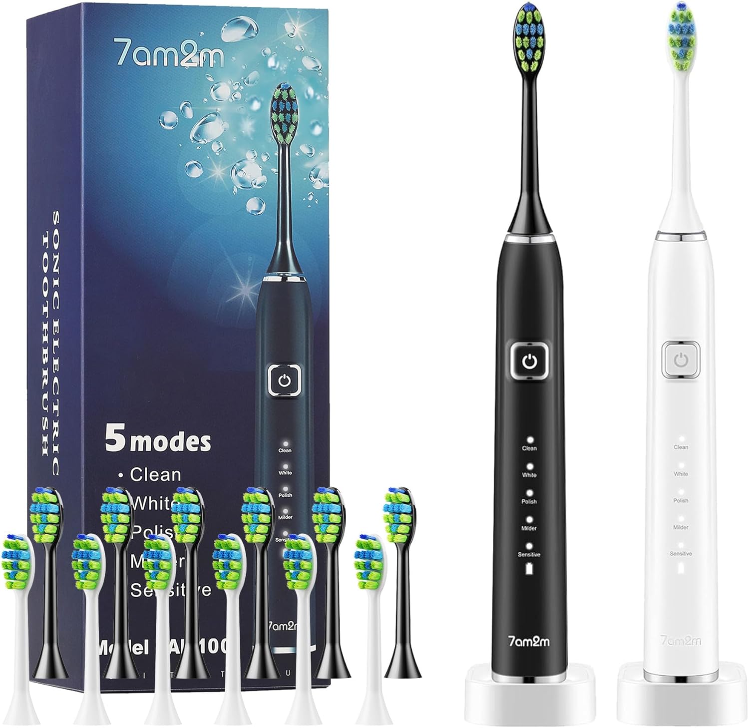 7AM2M Electric Toothbrush 2 Pack Set for Kids and Adults, 12 Brush Heads,5 Adjustable Modes, Built-in 2-Minute Smart Timer, Wireless Fast Charge for 60 Days,IPX7Waterproof SonicToothbrush(Green+Pink)