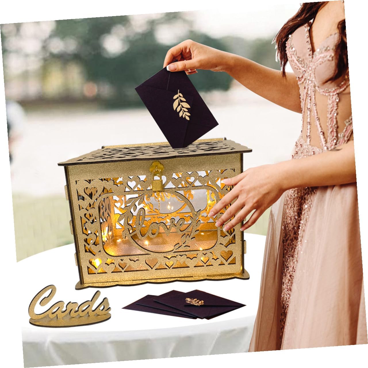 Wooden Hollow Card Box with Glitter Portable Wedding Reception Card Holder Anniversary Greeting Storage Box without Lights for Birthday Party Decor