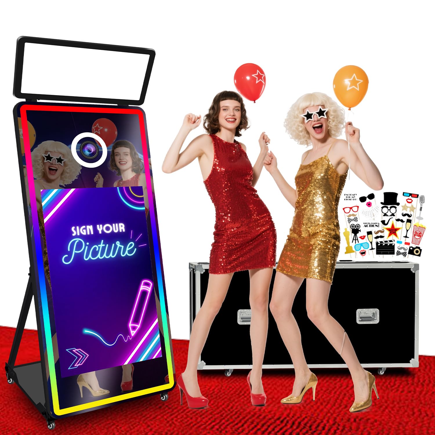 65'' Magiczne Lustro Fotobudka z 43'' Ekranem Dotykowym i Światłami RGB, Fotobudka z Walizką Transportową na Imprezę Urodzinową (Black, 43inch photo booth)