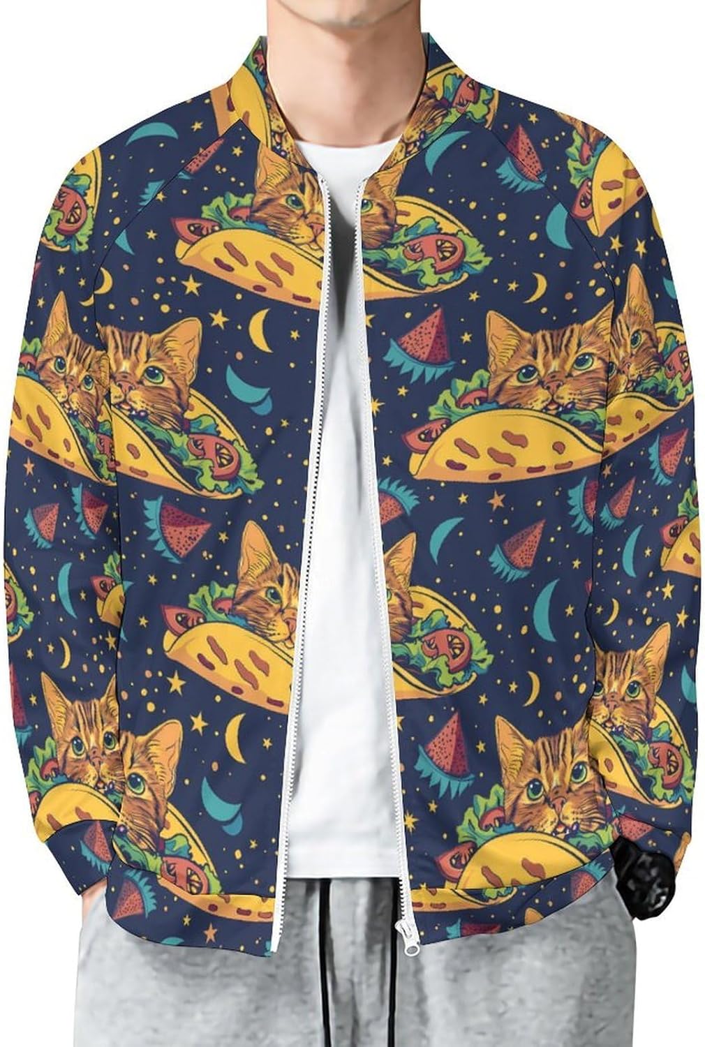 Tacoes Cat Men's Zip Up Sweatshirt Casual Sweater Jackets Long Sleeve Tops Lightweight Coat