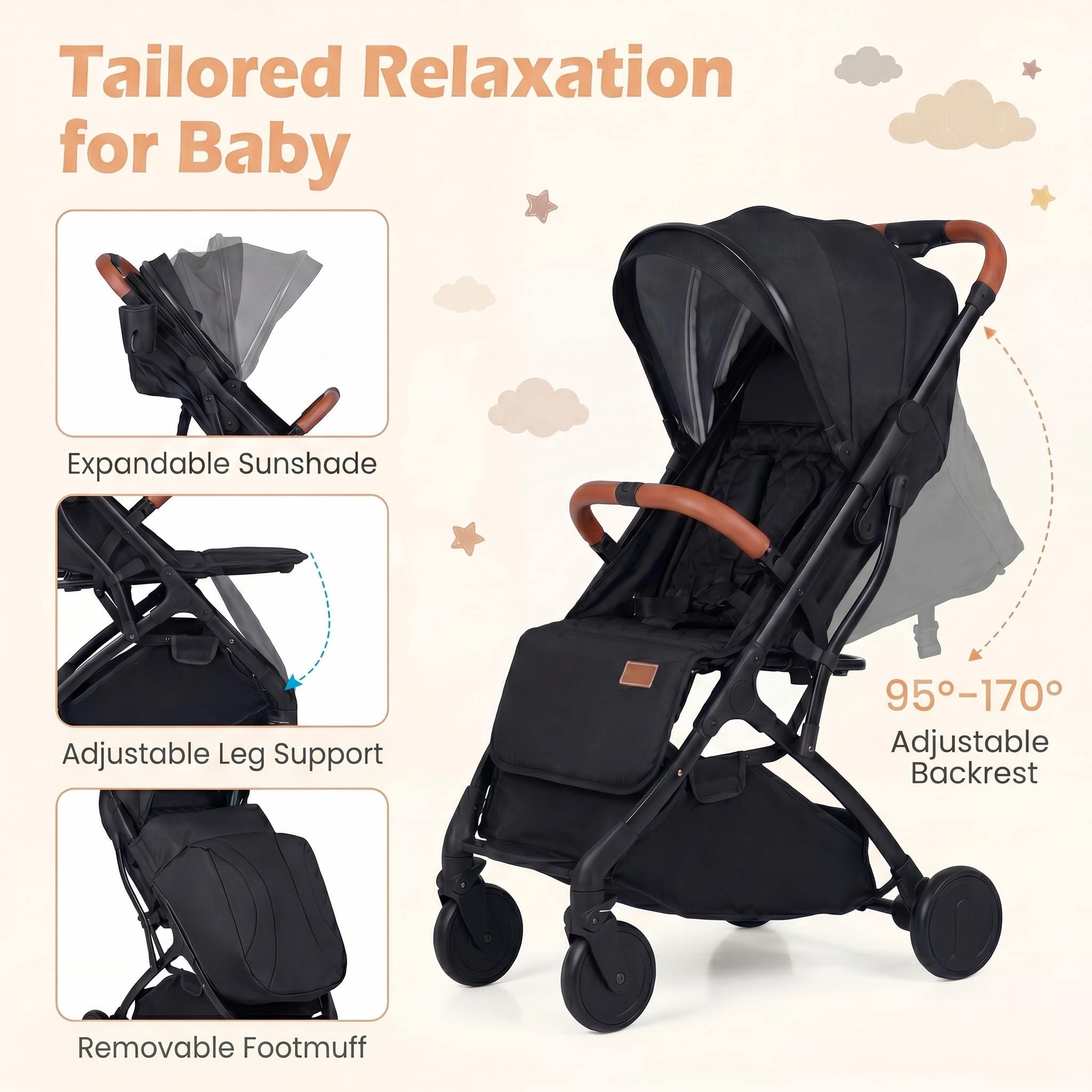 GIANTEX Passeggino Leggero per Bambini e Neonati, Passeggino Pieghevole e Portatile con Ruote, Schienale Regolabile, Tettuccio, Cintura di Sicurezza, Cesto e Copertura Antipioggia (Nero)