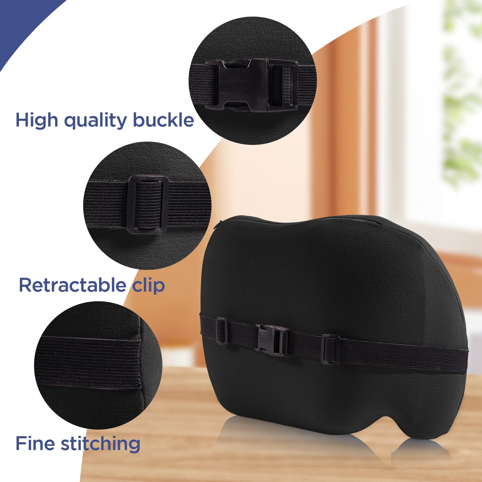 Almohada de apoyo lumbar para silla de oficina, almohada lumbar de automóvil, alivio del dolor de espalda baja de la espalda, cojín de espuma viscoelástica con correas ajustables, almohada ergonómica 3