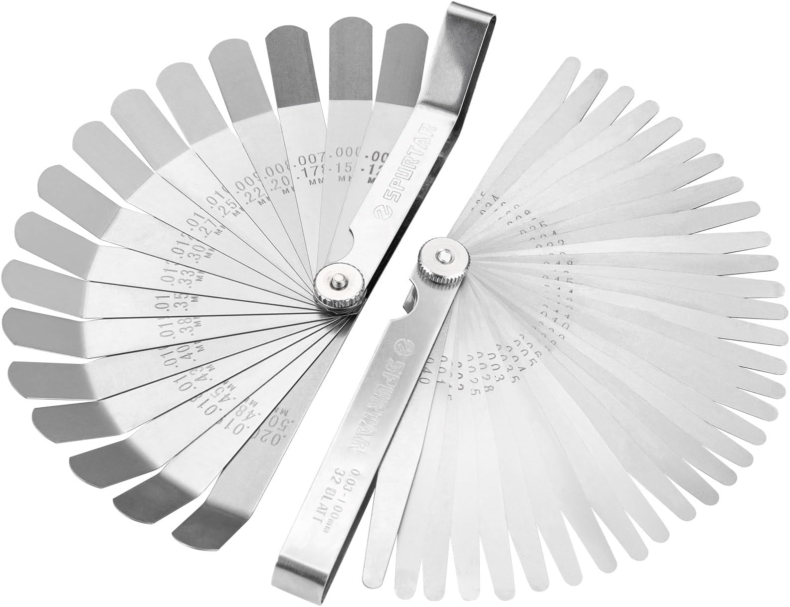 Feeler Gauges Set, 32 Blades Tapered and 16 Blades Offset Feeler Gauge Set Stainless Steel, Dual Marked SAE and Metric Feeler Gauge for Spark Plug, Valve, Piston, Guitar