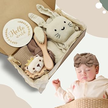 Baby Comforter Blanket Baby Gift Girl Boy Personalized Gift Newborn with Comforter Bib Turban Milestone Cards Brushes and Socks Khaki