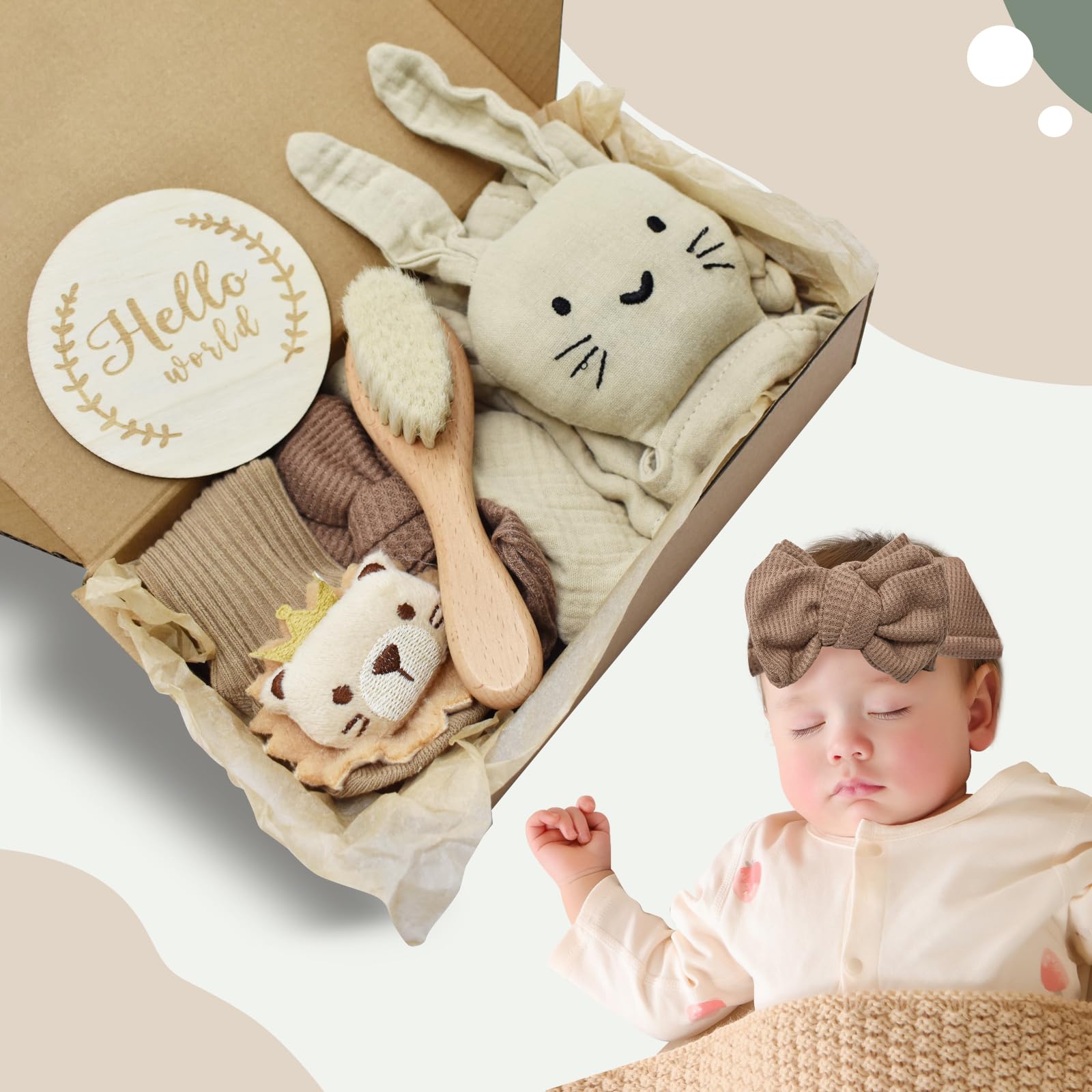 Coffret Cadeau Naissance Bébé, Doudou Lapin pour Fille et Garcon, Cadeaux pour Nouveaux avec Bavoir, Bandana, Brosse, Chaussettes, Carte Etape, Kaki