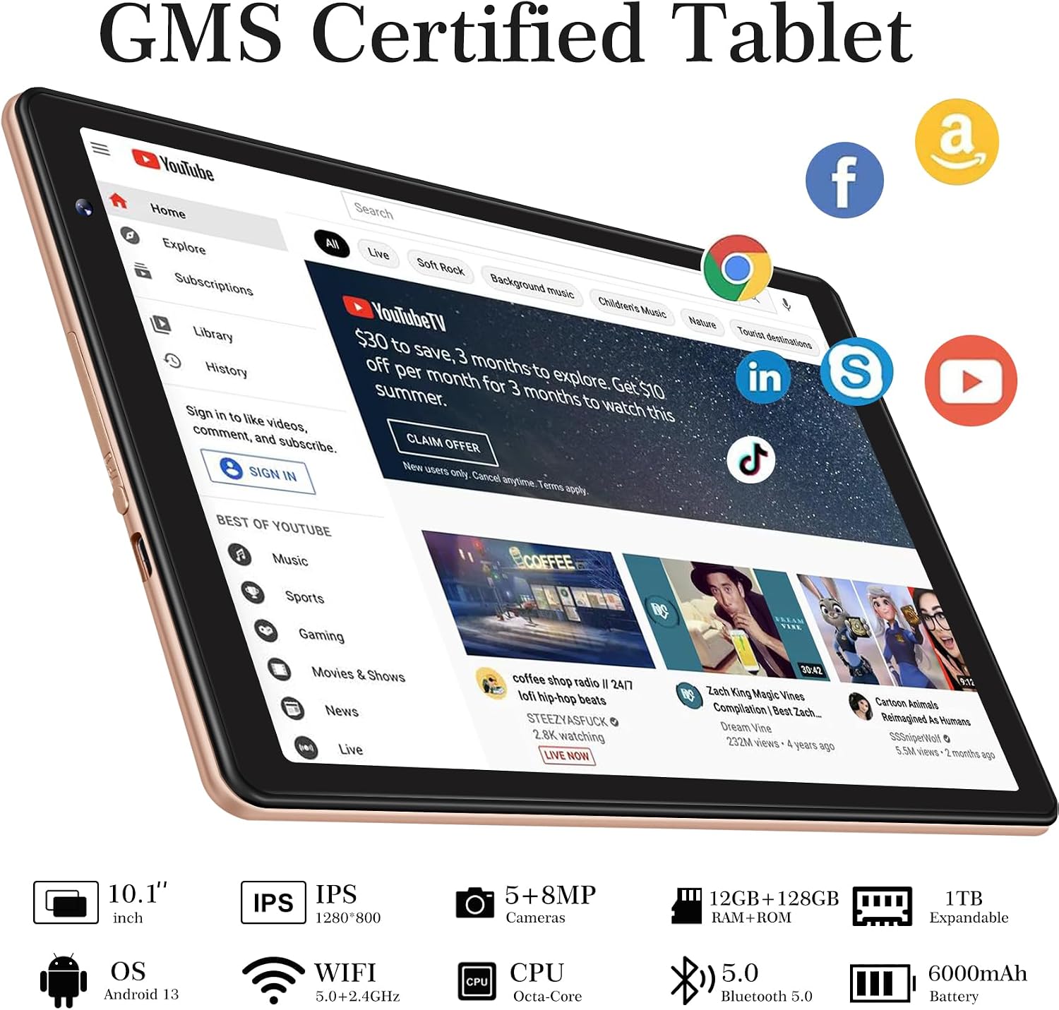 SEBBE 10.1 inch Tablet PC, Gemini AI 12GB RAM + 128GB ROM/TF 1TB, Octa-Core 2.0 GHz, | 5G WiFi | Bluetooth 5.0 | 6000mAh | 1280 x 800 Pixels | 5MP + 8MP, Tablet with Gold Case image 2