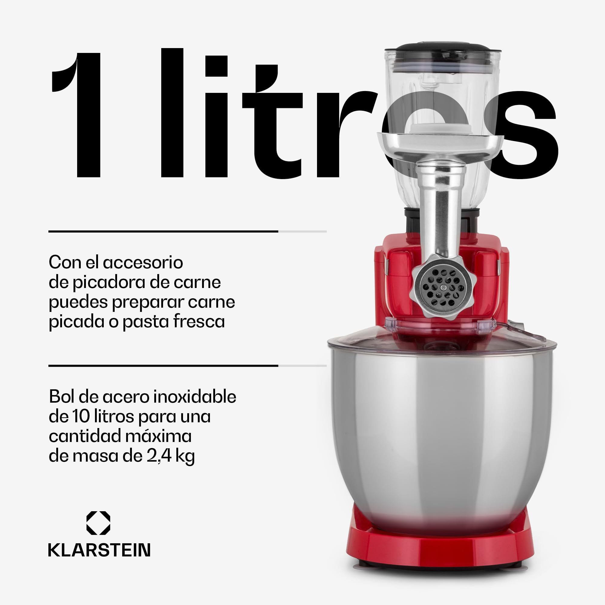 Klarstein Robot de Cocina, Batidora Vaso Multifuncional 2000W Con Picadora de Carne, Batidoras y Procesadores 3 en 1 para la Cocina, Electrodomésticos para Cocinar, Amasadora Acero Inoxidable 10l.