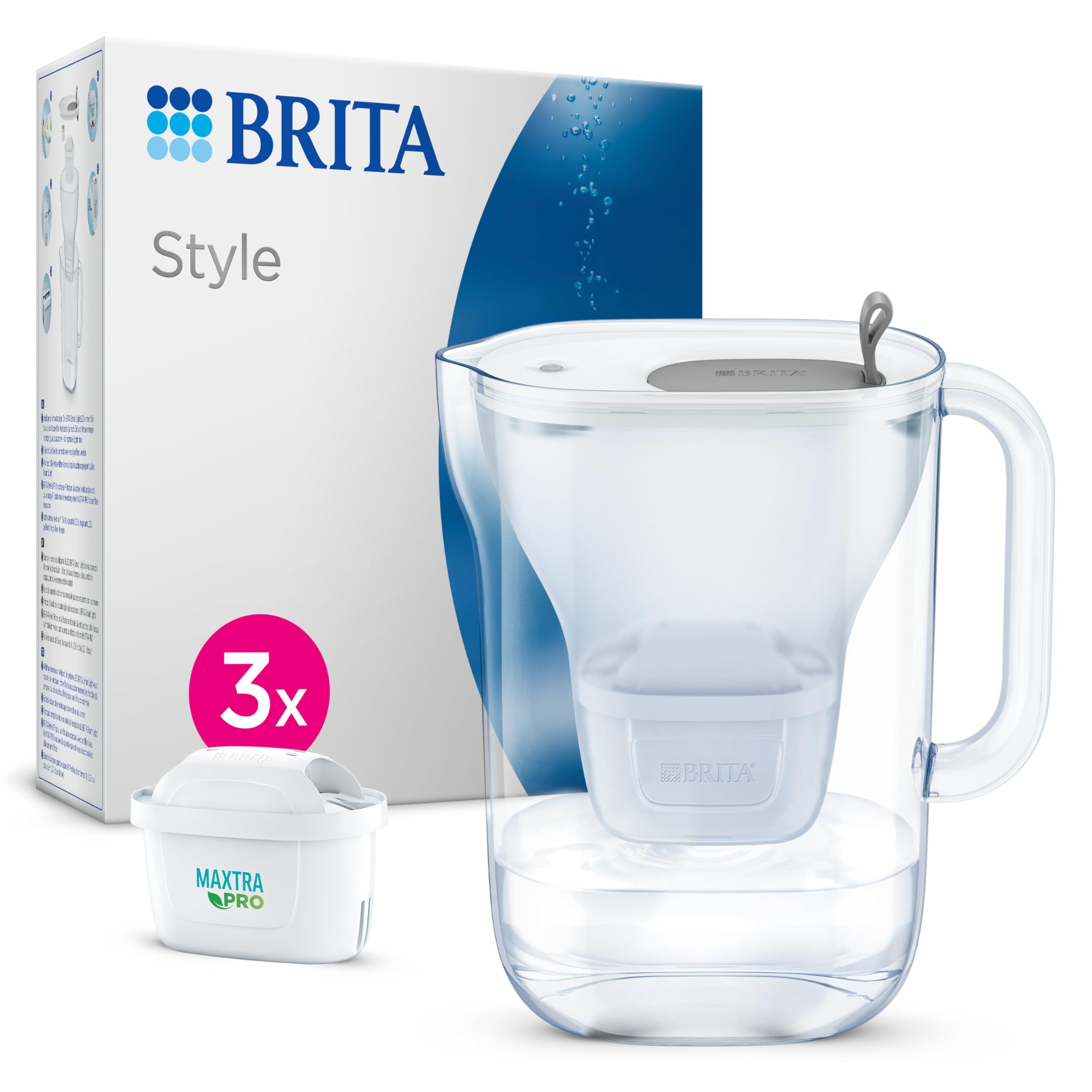 Style Water Filter Jug Grey (2.4L) Starter Pack incl. 3x MAXTRA PRO Pure Performance cartridge - fridge-fitting design jug with smart LED-LTI and Flip-Lid -now in sustainable Smart Box packaging