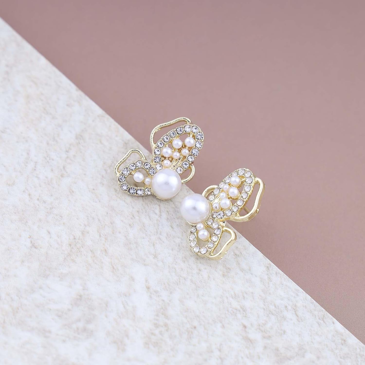 Bohemian Crystal Pearl Butterfly Earrings Gold Hollow Cz Paved Butterfly Earrings Round Pearl Butterfly Stud Earrings Small Rhinestone Pearl Butterfly Earrings Jewelry for Women - Image 6