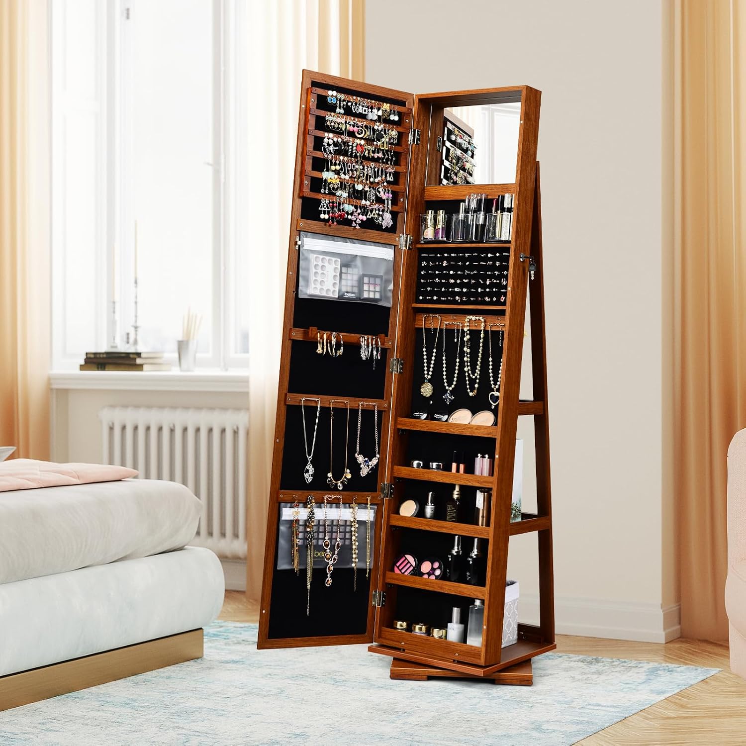 LOKO 360° Rotating Jewelry Armoire, Freestanding Jewelry Cabinet with Inside Makeup Mirror, 2-in-1 Lockable Jewelry Organizer w/Full-Length Mirror for Women (Walnut)