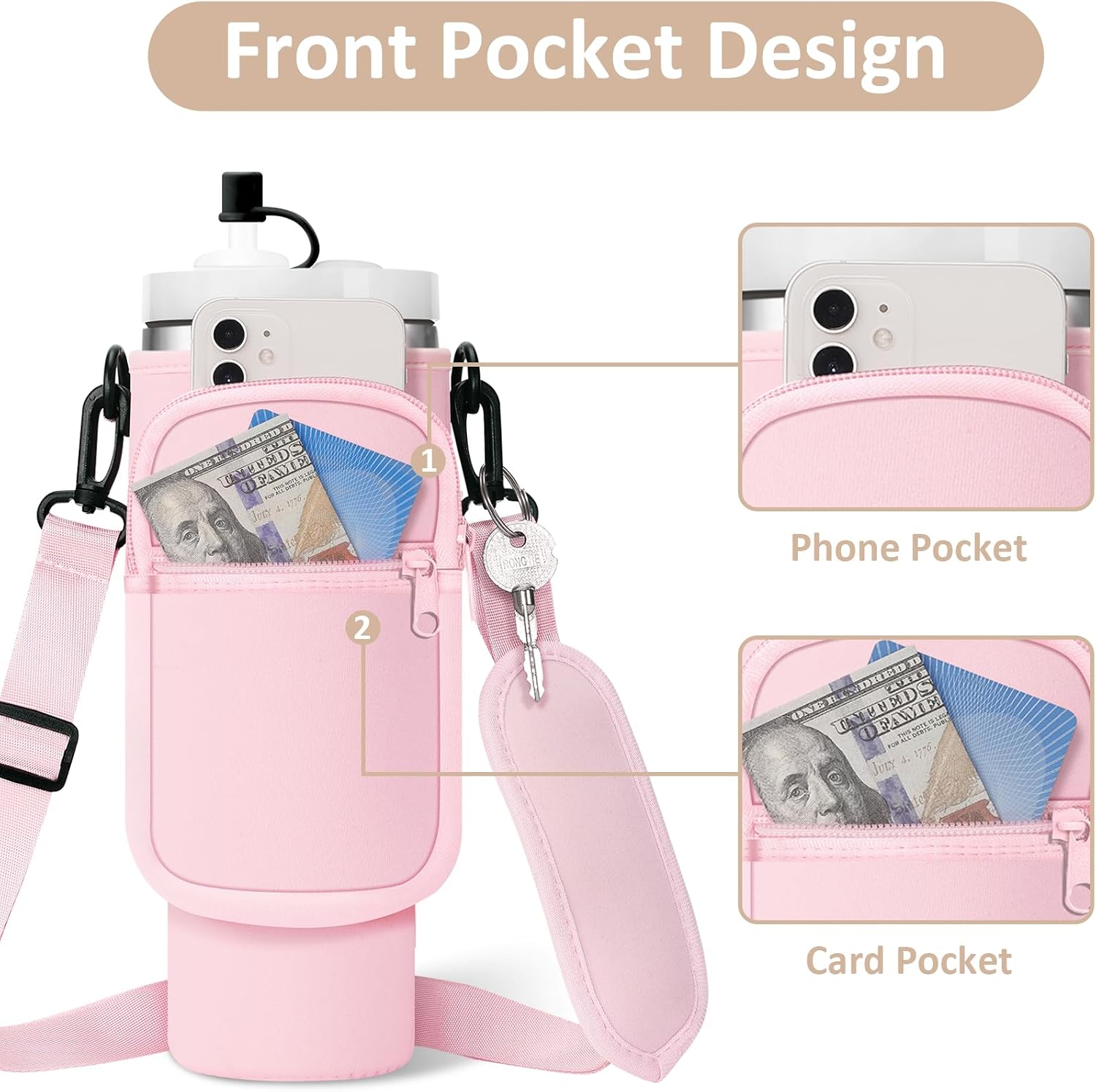 AceTreker Water Bottle Carrier Bag with Strap for Stanley 40/30 oz Tumbler Neoprene Insulated Cup Holder Sleeve with Phone Pocket & Straw Cover for Stanley Cup Accessories image 4