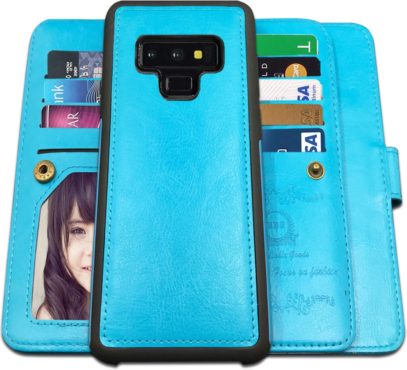 Galaxy Note 9 Cases, Magnetic Detachable Lanyard Wallet Case with 9 Card Slots, Kickstand, Hnad Strap for Galaxy Note 9, CASEOWL 2 in 1 Folio Flip Premium Leather Removable TPU Case(Blue)