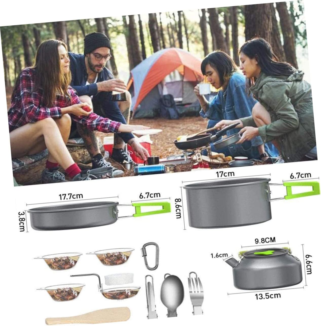 -1 Camping Cooking Kit 11pcs Portable Camping Cookware Pot Pan Bowl Spoon Fork Cutlery Non-Stick Ideal for Hiking Backpacking