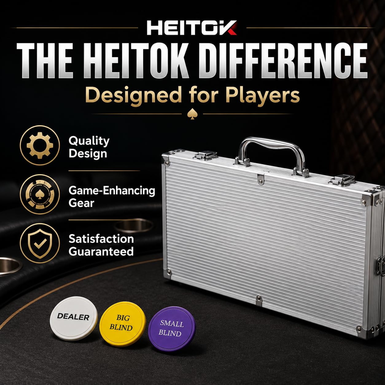HEITOK Mallette Vide 1000 Jetons avec Boutons Dealer Blind | Mallette vide pour 1000 jetons standard, avec boutons dealer, small blind et big blind. Jetons non inclus.
