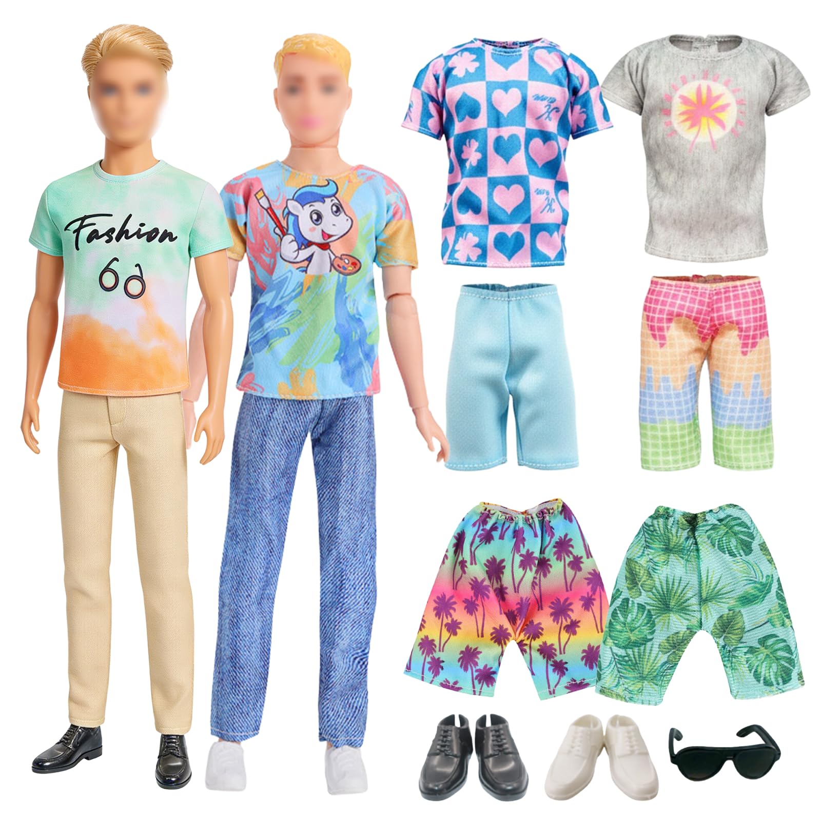 Boy Doll Clothes and Accessories Compatible with Ken Doll Clothes, Including 4 Tops 6 Trousers 2 Pairs of Shoes 1 Sunglasses for Kids Boys Girls Party Gift