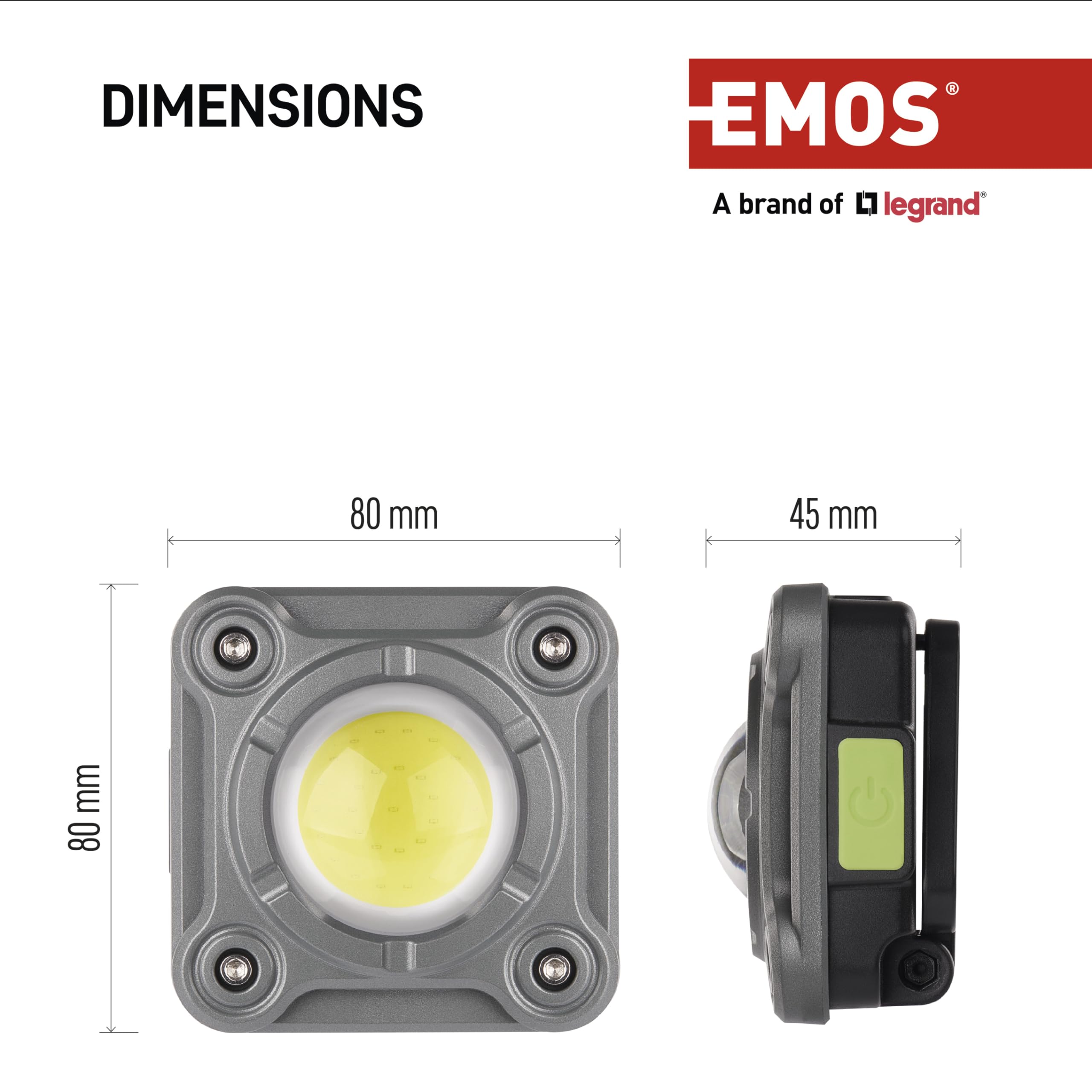 EMOS Mini reflektor LED, lampa kempingowa z 3 trybami świecenia, wodoszczelność IP44, maks. jasność 1200 lm, zasięg 60 m, akumulator 2000 mAh z czasem świecenia do 6,5 h, w zestawie kabel USB, haczyk,