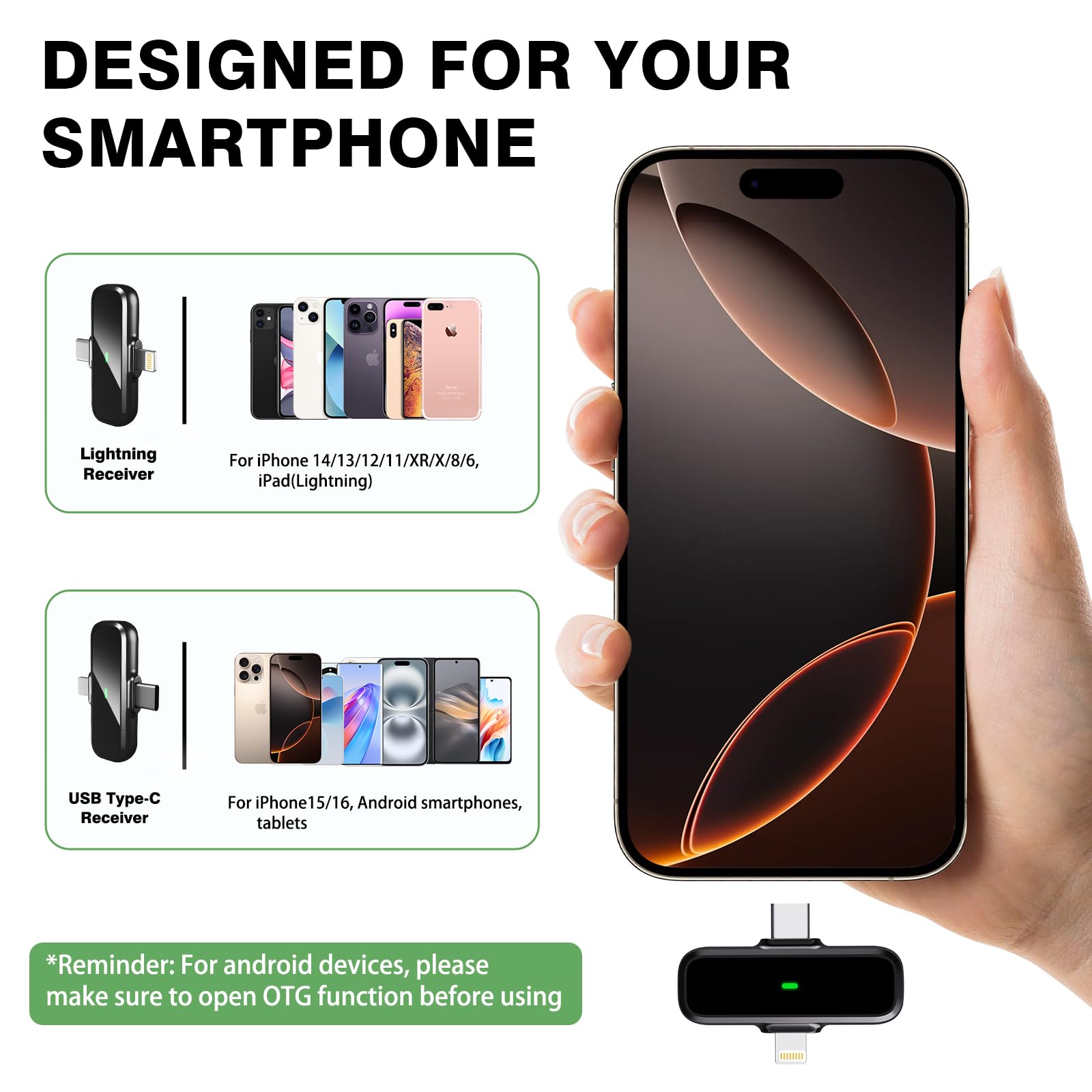 Microfono lavalier wireless per iPhone/Android, doppio mini microfono con cancellazione del rumore con custodia di ricarica (30H), USB-C/Lightning microfono a clip per registrazione video
