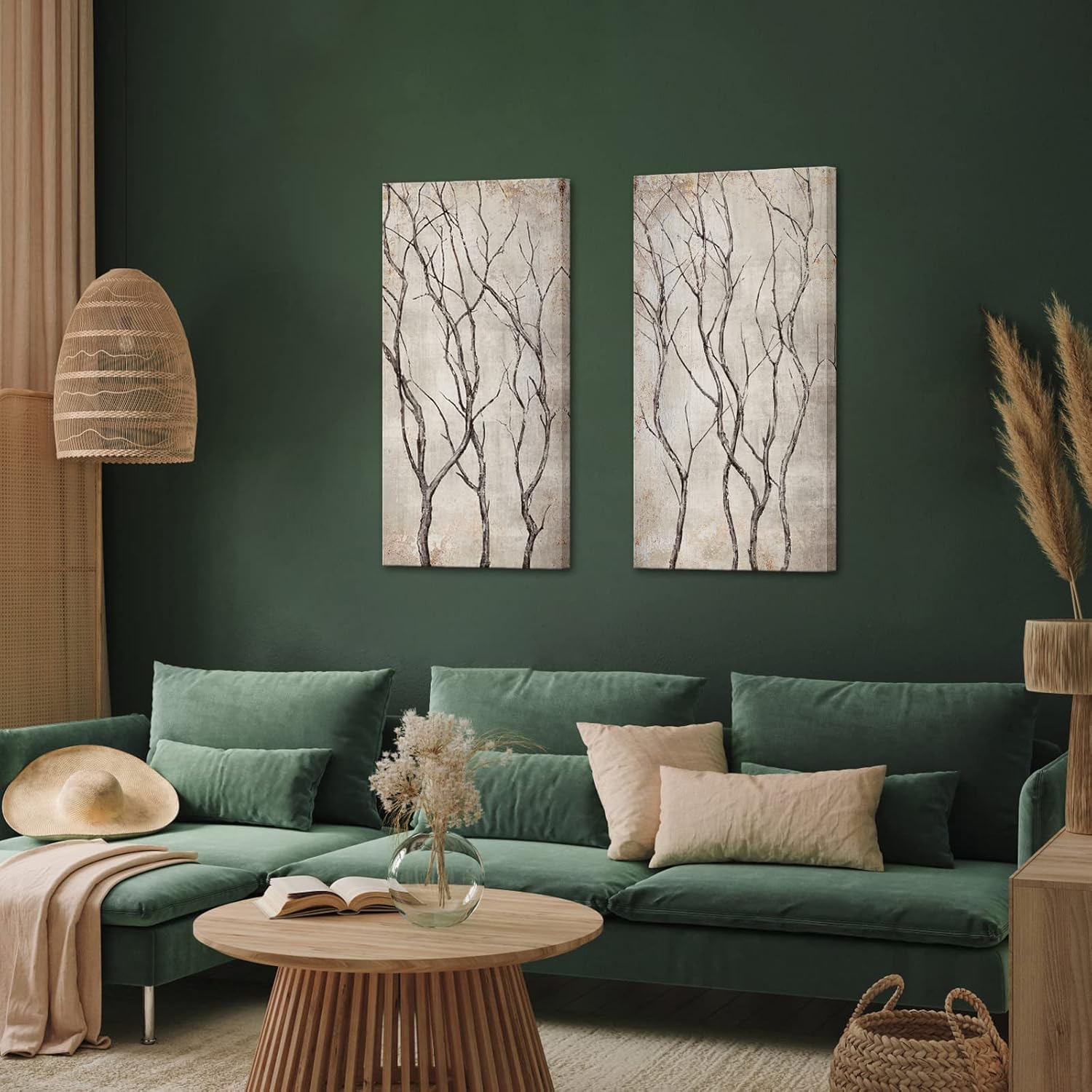 sechars Rustic Tree Branches Canvas Print Wall Art Beige Tree Painting Picture Vintage Brown Farmhouse Living Room Decorations 20"x40"x2PCS