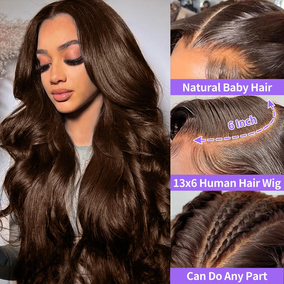 Chocolate Brown Lace Front Wigs Human Hair Brown Human Hair Wig 13x6 HD Frontal Colored Wigs Human Hair Wear And Go Glueless Wig Body Wave Real Hair Wigs For Women Human Hair 180 Density 24 Inch - Image 4