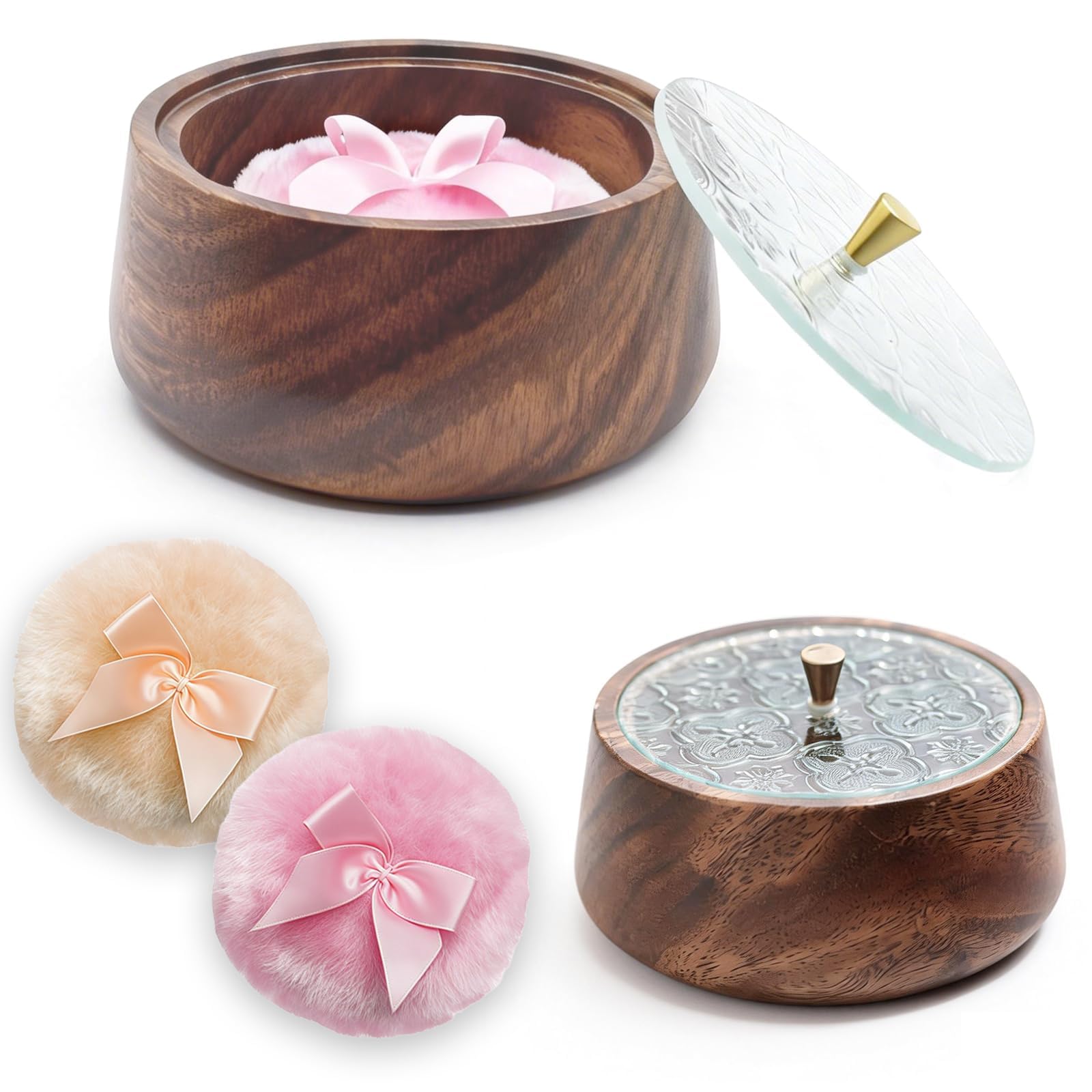 Large Wood-Grain Body Powder Container with 2 Washable Puffs