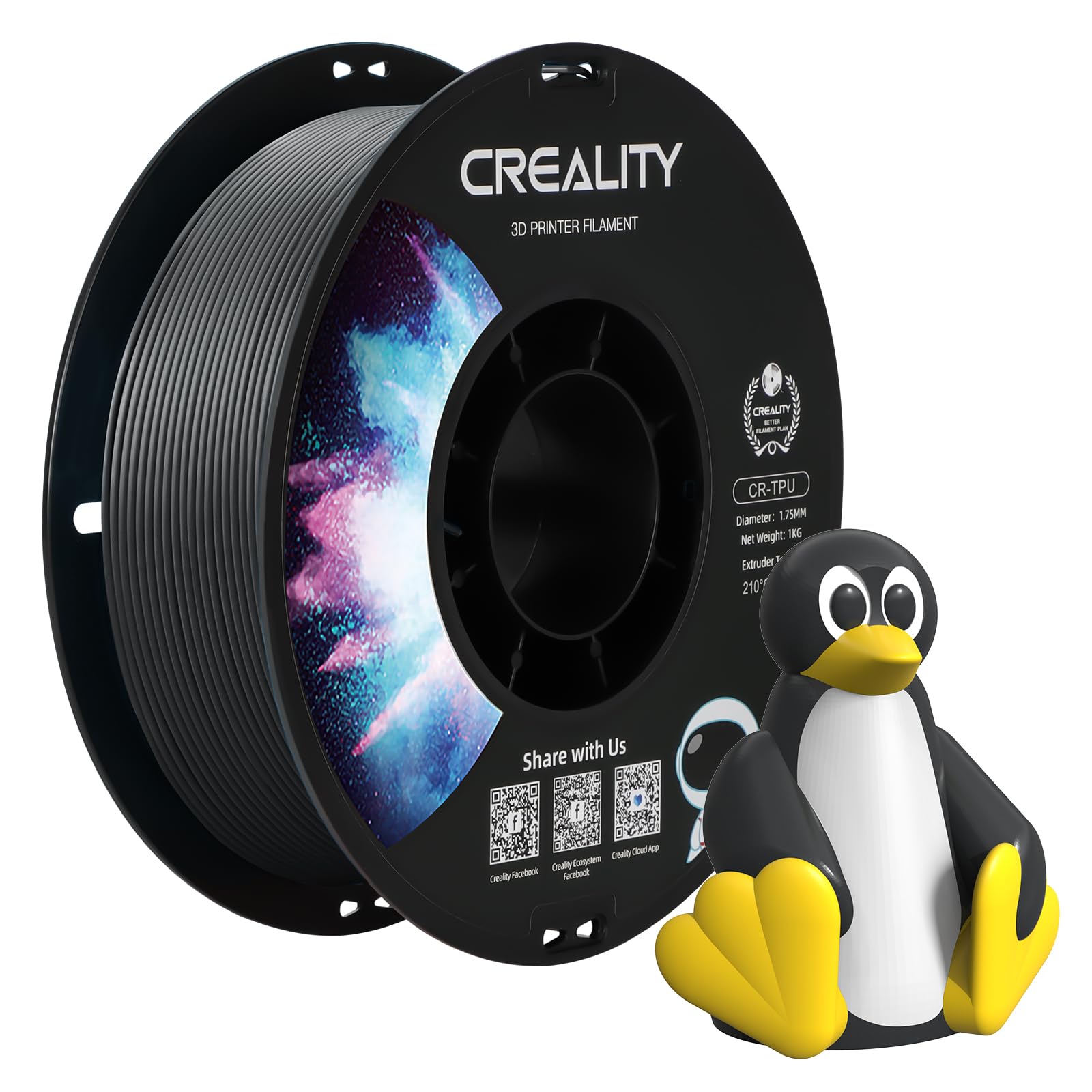 Creality Oficjalny filament TPU 1,75 mm, filament TPU czarny, twardszy i wytrzymalszy do drukarek 3D, mniej splątane, dokładność wymiarowa +/- 0,03 mm, 1 kg/rolka (2,2 funta), pasuje do większości