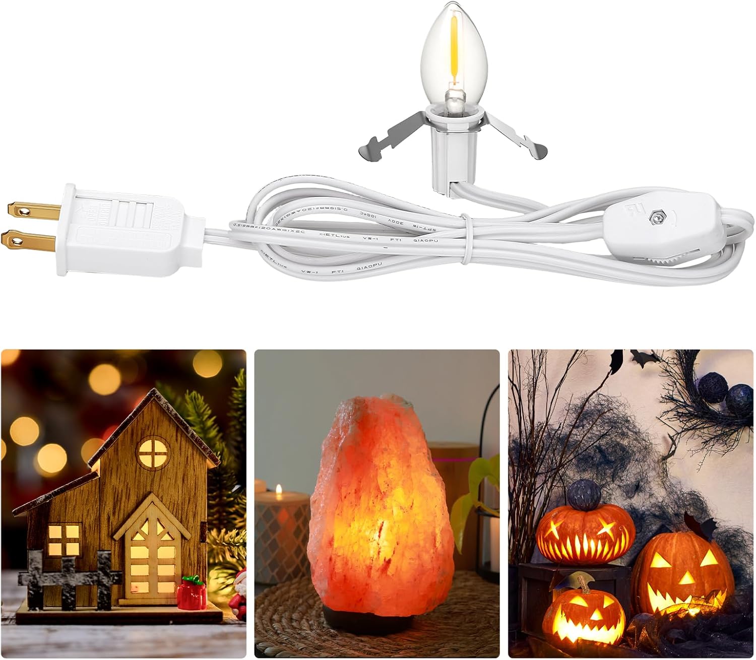 LIHAO 2 Sets Accessory Cord with 2 LED Light Bulbs 6FT White Cord with On/Off Switch Plugs E12 Candelabra LED Light Bulbs and Clips for Christmas Halloween Decorations Craft Village House Decoration