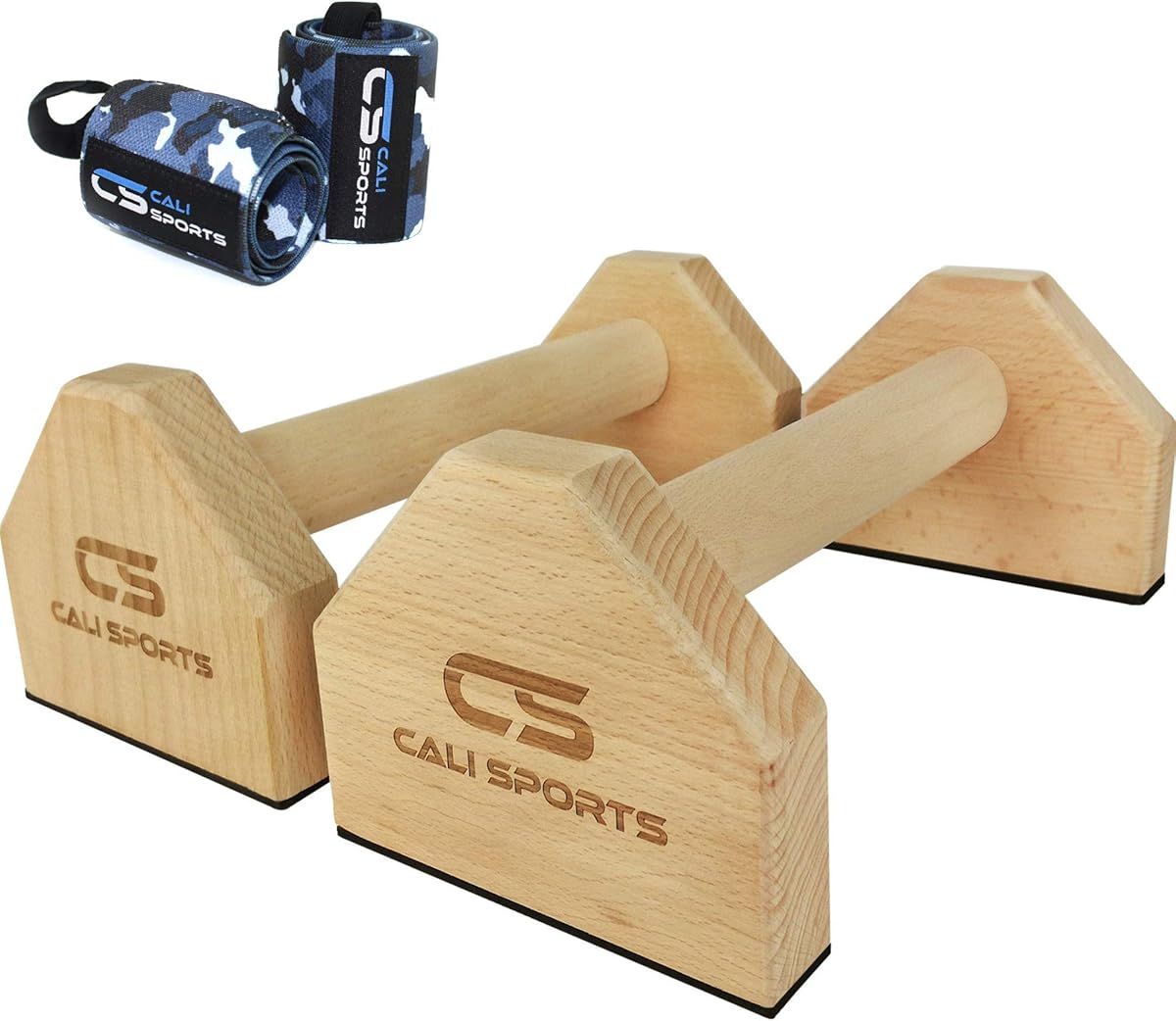 CALI SPORTS Calisthenics Wood Parallettes Bars | Push Up Bar That Will Not Slip or Wobble | Wrist Wraps Included