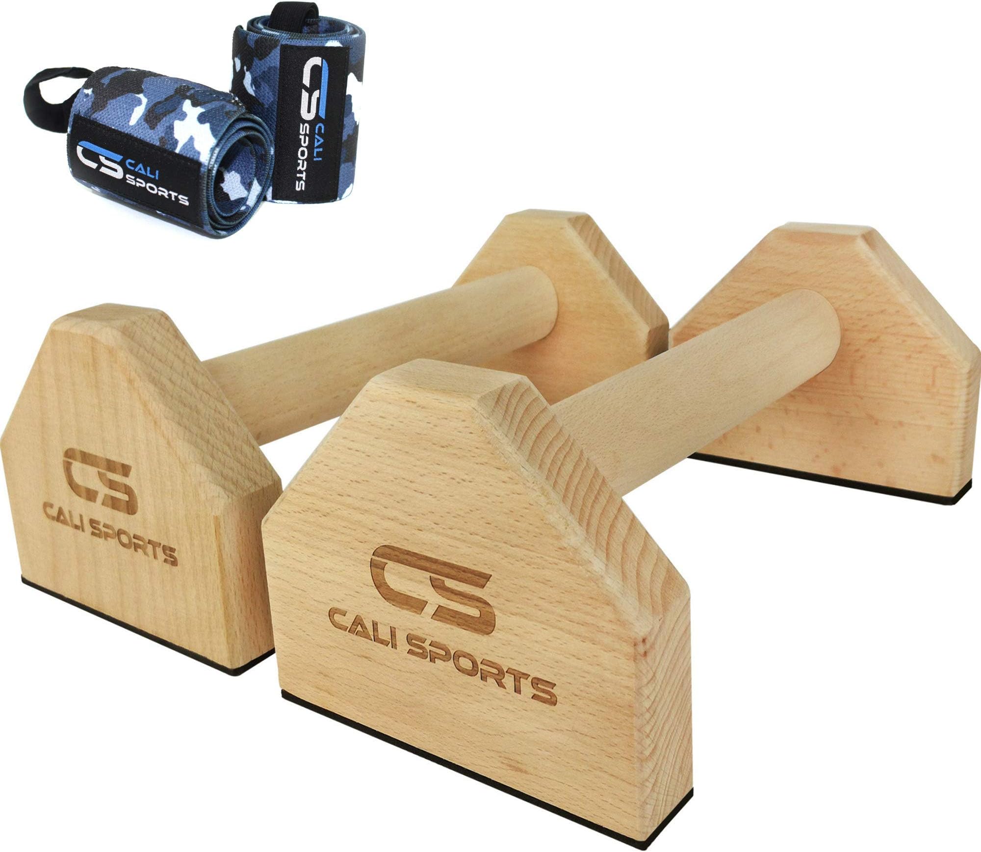 CALI SPORTS Calisthenics Wood Parallettes Bars | Push Up Bar That Will Not Slip or Wobble | Wrist Wraps Included