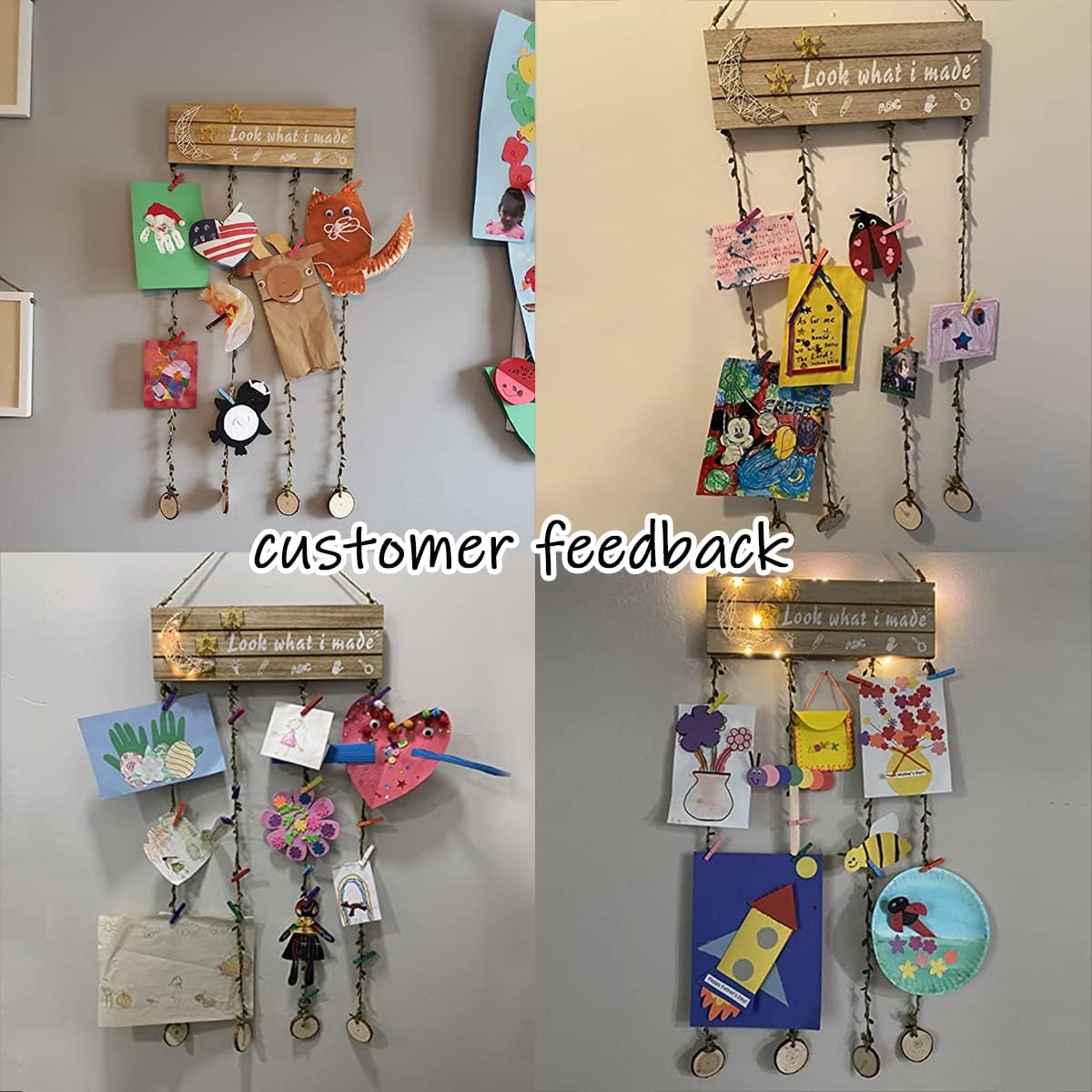 Hanging Artwork Display for Kids Art Frame, Look What I Made Sign with 20 Clips, Kids Drawings, Crafts, Picture Board for Wall Decor, Children Teen Girls Boys Room Decor Gifts with Remote Fairy Lights