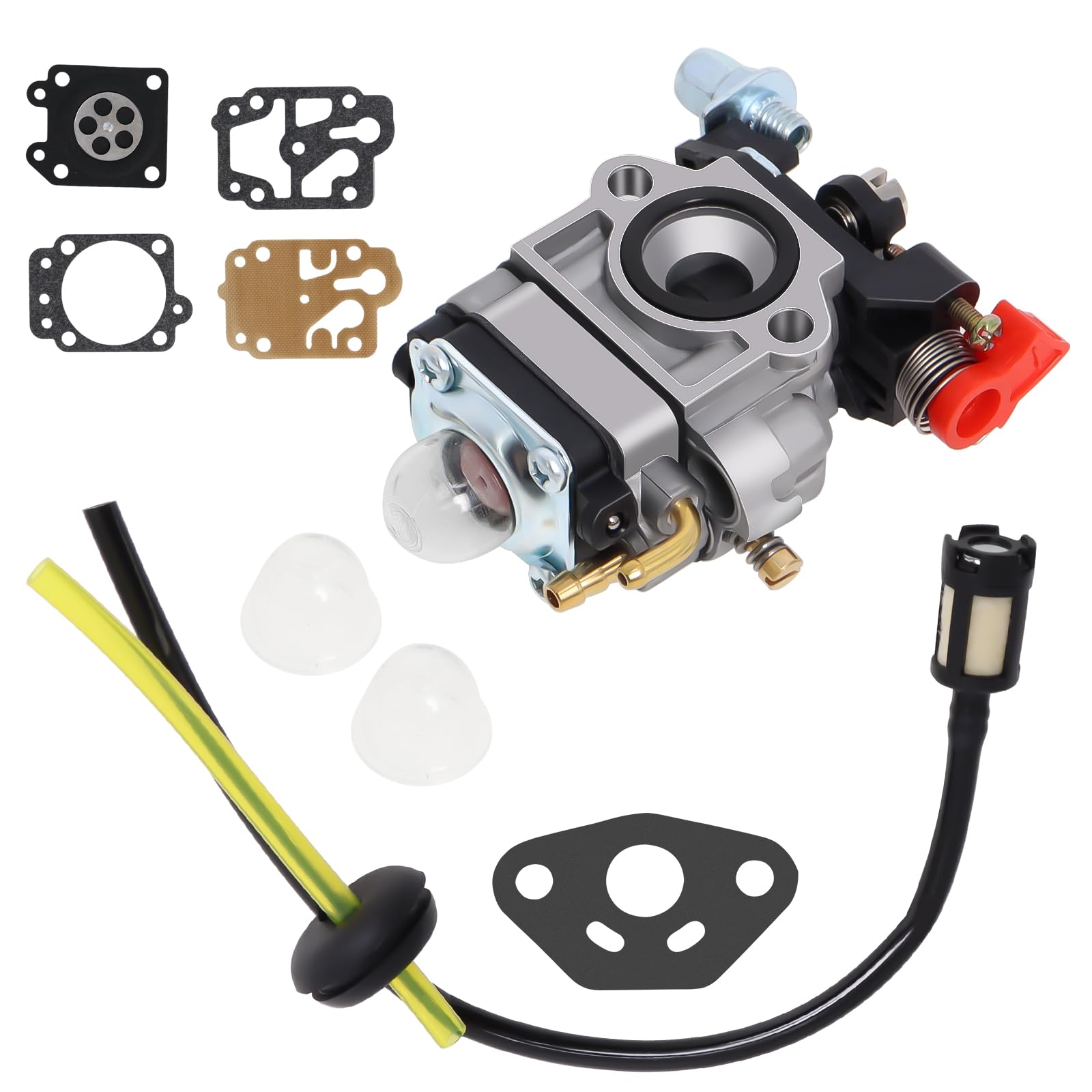 Carburateur Compatible avec Walbro Type WYJ 26cc-33cc Débroussailleuses et Tondeuses à Gazon avec Entretoise de Pompe Primaire Ensemble de Tuyaux de Carburant Déplacement par Poweka