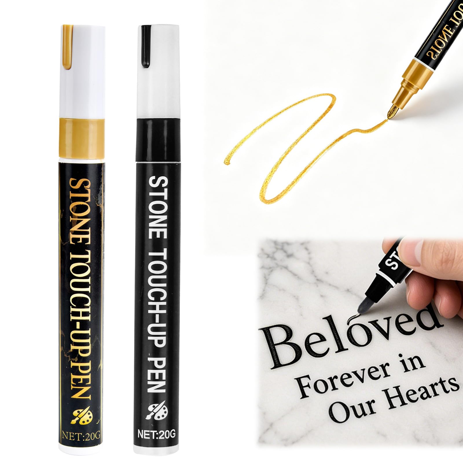 Vibbang 2 Pcs Tombstone Marker Pen, Gravestone Marker Pens, Grave Stone Paint, Waterproof Stone touch up Pen, Strong Coverage, Ideal for Gravestone Lettering and Memorial Inscriptions (Black+Gold)