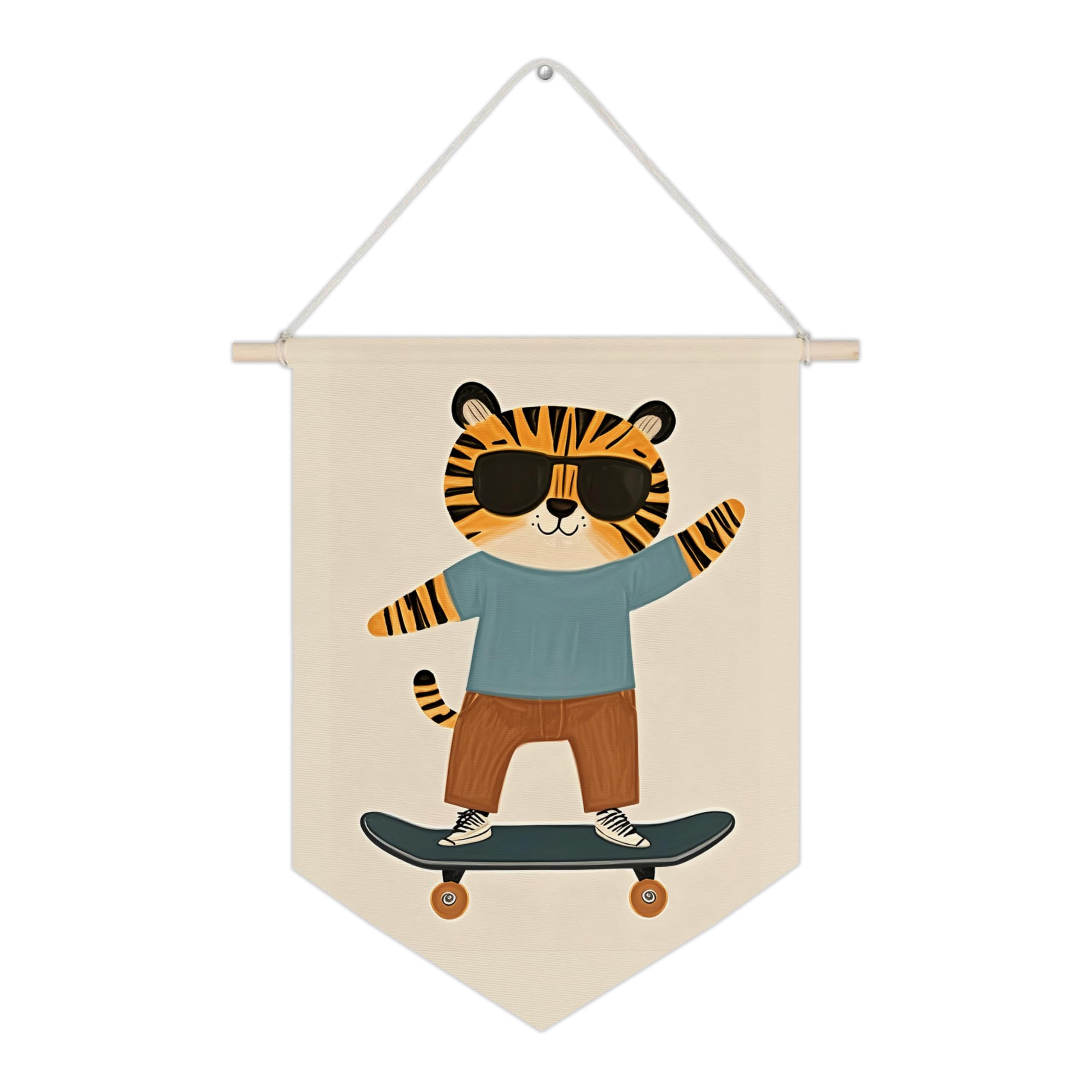 WUCHJ Tiger Nursery Canvas Wall Banners, Cute Little Tiger on Skateboard Hanging Display Pennant Flags, Eclectic Animal Wall Decor for Kids Nursery Toddler Room Bedroom Playroom 11x14 Inch