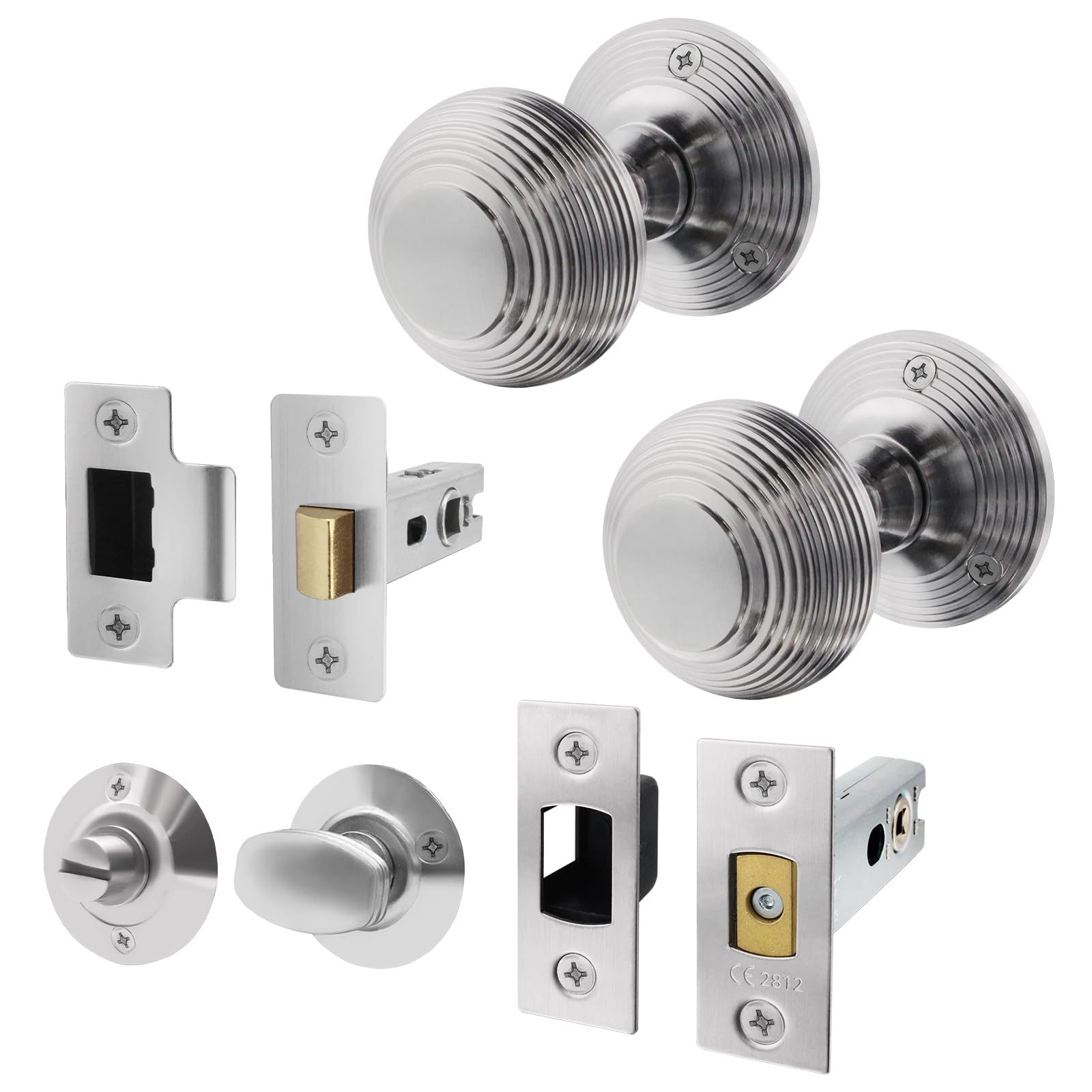 Eai Satin Chrome Beehive Door Knob Set | 1 Pair Of Reeded Mortice Knobs (55Mm), Latch & Deadbolt Kit (76Mm) & Turn & Release For Internal Doors