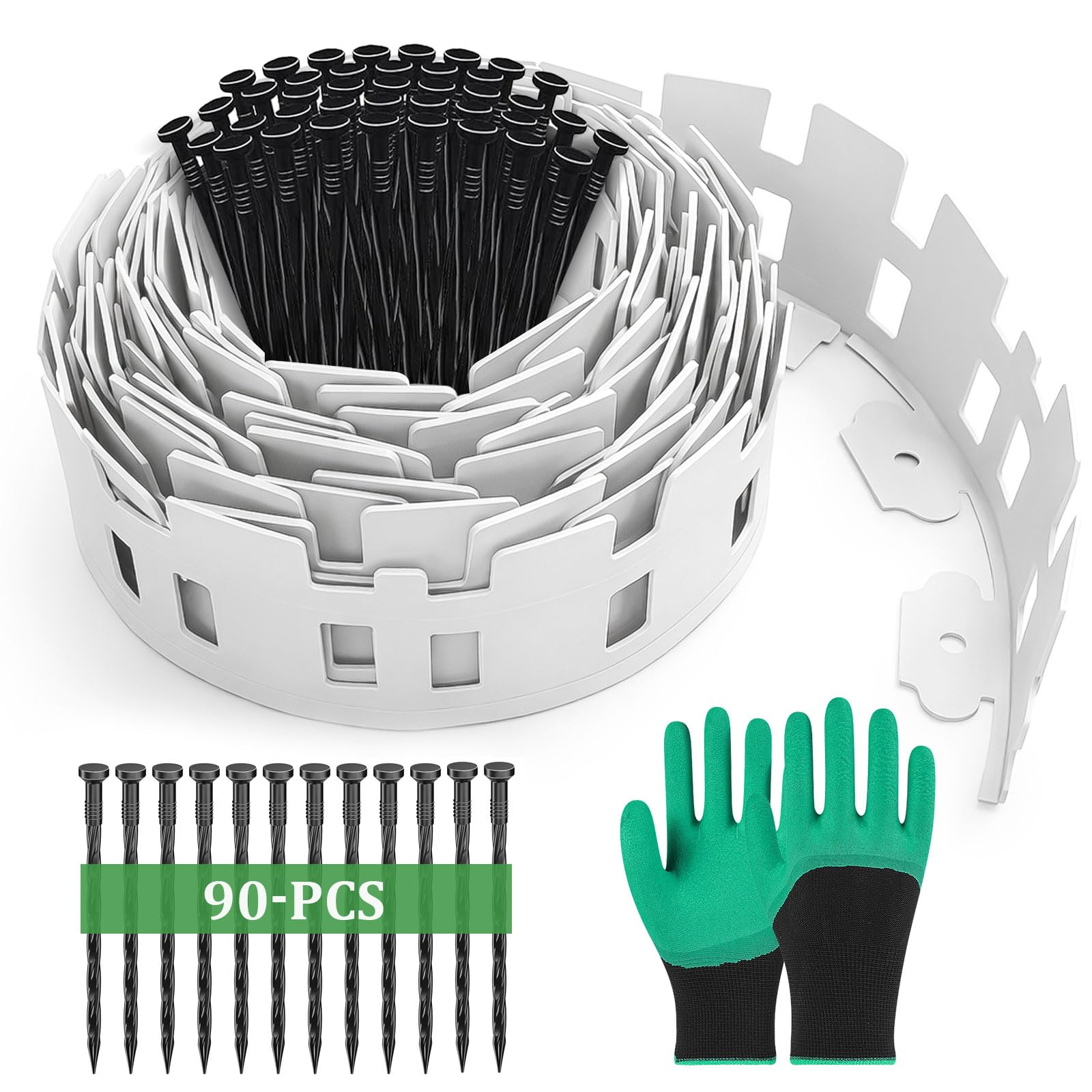 Borde de césped blanco, de plástico, flexible, longitud 15 m, altura 10 cm, con 90 anclajes + 1 par de guantes, borde de arriate para borde de flores, borde de corte, borde de pavimento y