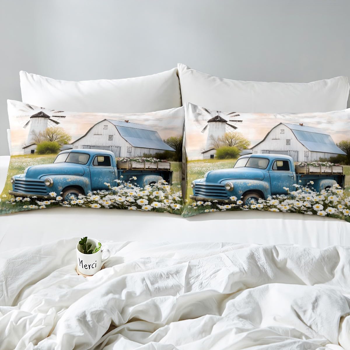 Castle Fairy Blue Truck Bedding Set Rustic Farmhouse Style Bedding Duvet Cover Kids Teens Flowers Barn Scenery Comforter Cover White Blue Bedspread Cover Bedroom Quilt Cover 3Pcs Full,No Comforter