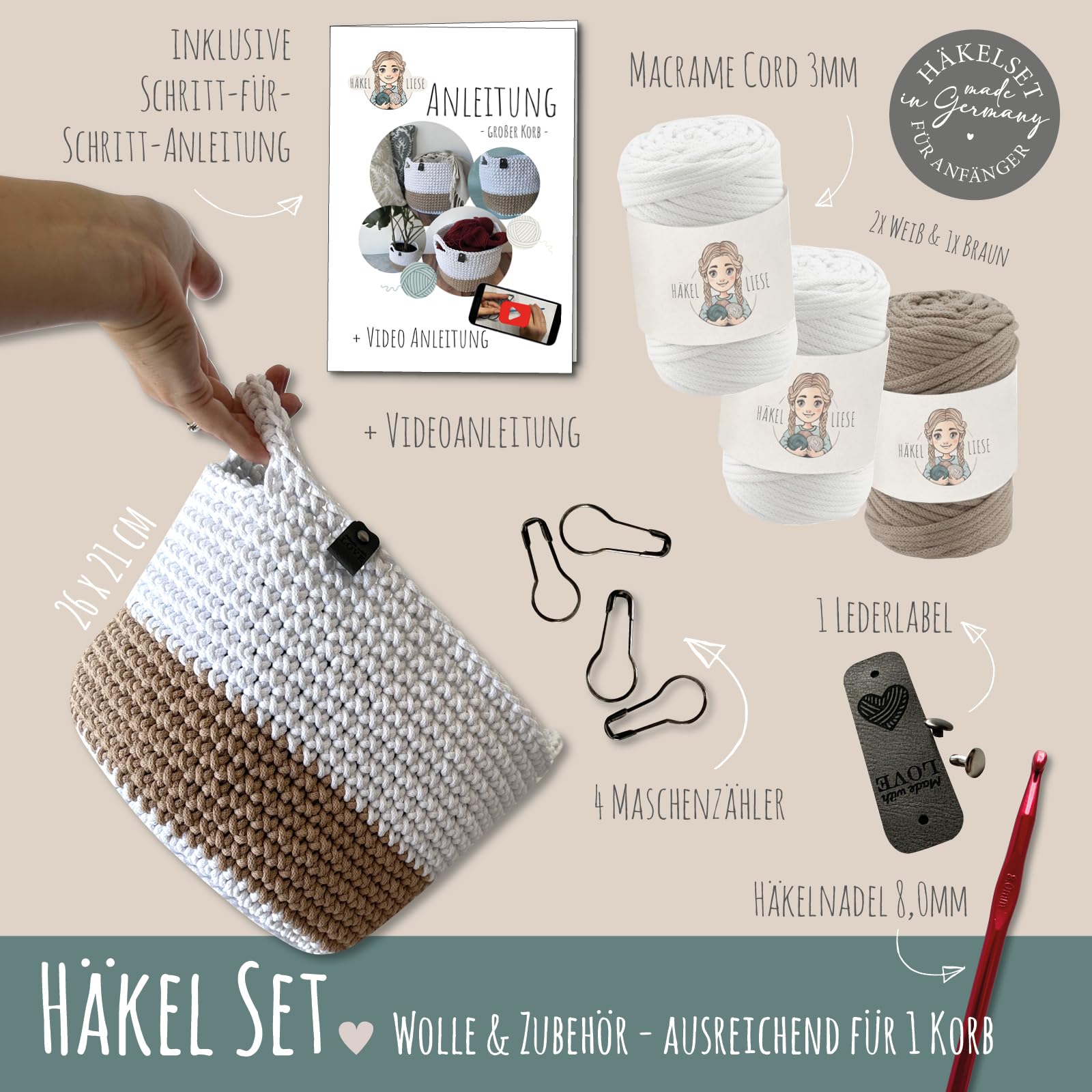 HÄKEL LIESE Set all'uncinetto per principianti – grande cestello, set all'uncinetto per principianti, cestino decorativo, filo di cotone per uncinetto, set di cestini all'uncinetto, set fai da te per