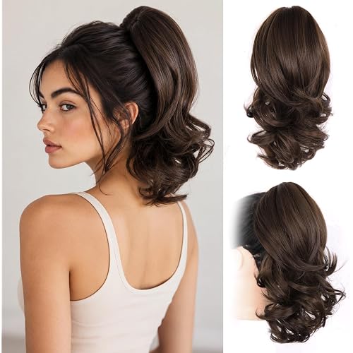 ZQIAN BEAUTY 14 Inch Ponytail Extension - Clip in Ponytail Hair Extensions, Curly Wavy Pony Tails Hair Extensions, Synthetic Claw Clip Ponytail Extension for Women (Color: Chocolate Brown)